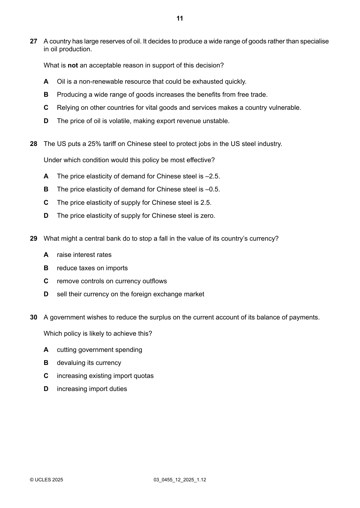 Cambridge IGCSE Economics 0455 2025 Feb/March Paper 1 · Variant 2 question paper, page 11 of 12