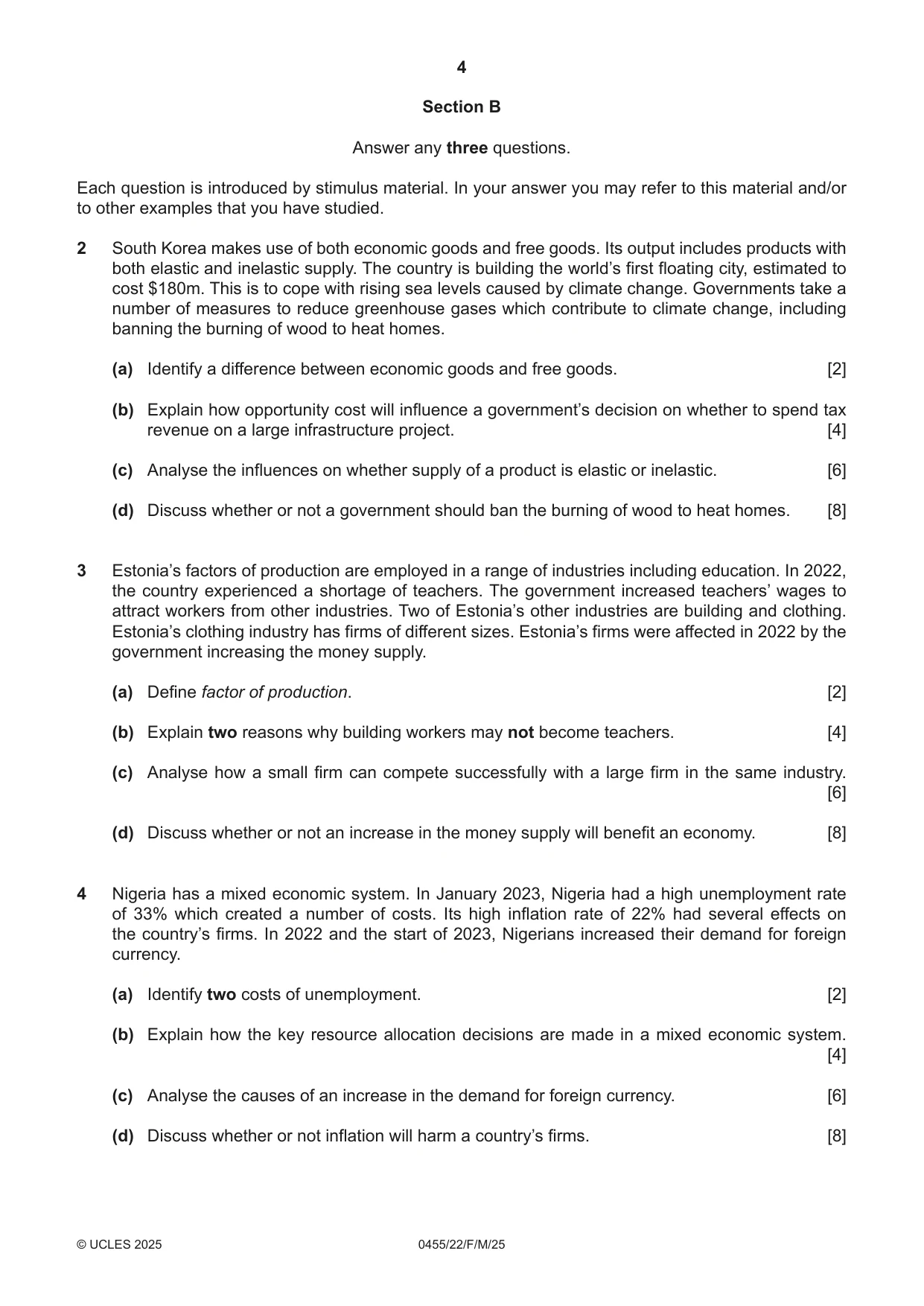 Cambridge IGCSE Economics 0455 2025 Feb/March Paper 2 · Variant 2 question paper, page 4 of 8