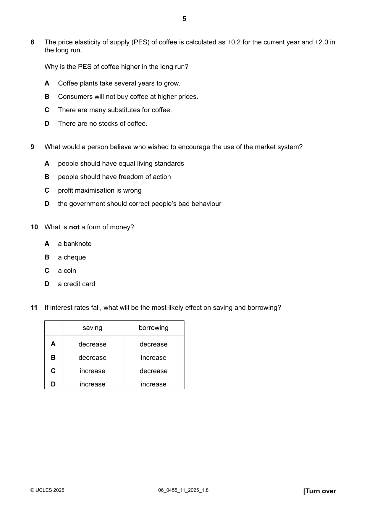 Cambridge IGCSE Economics 0455 2025 May/June Paper 1 · Variant 1 question paper, page 5 of 12