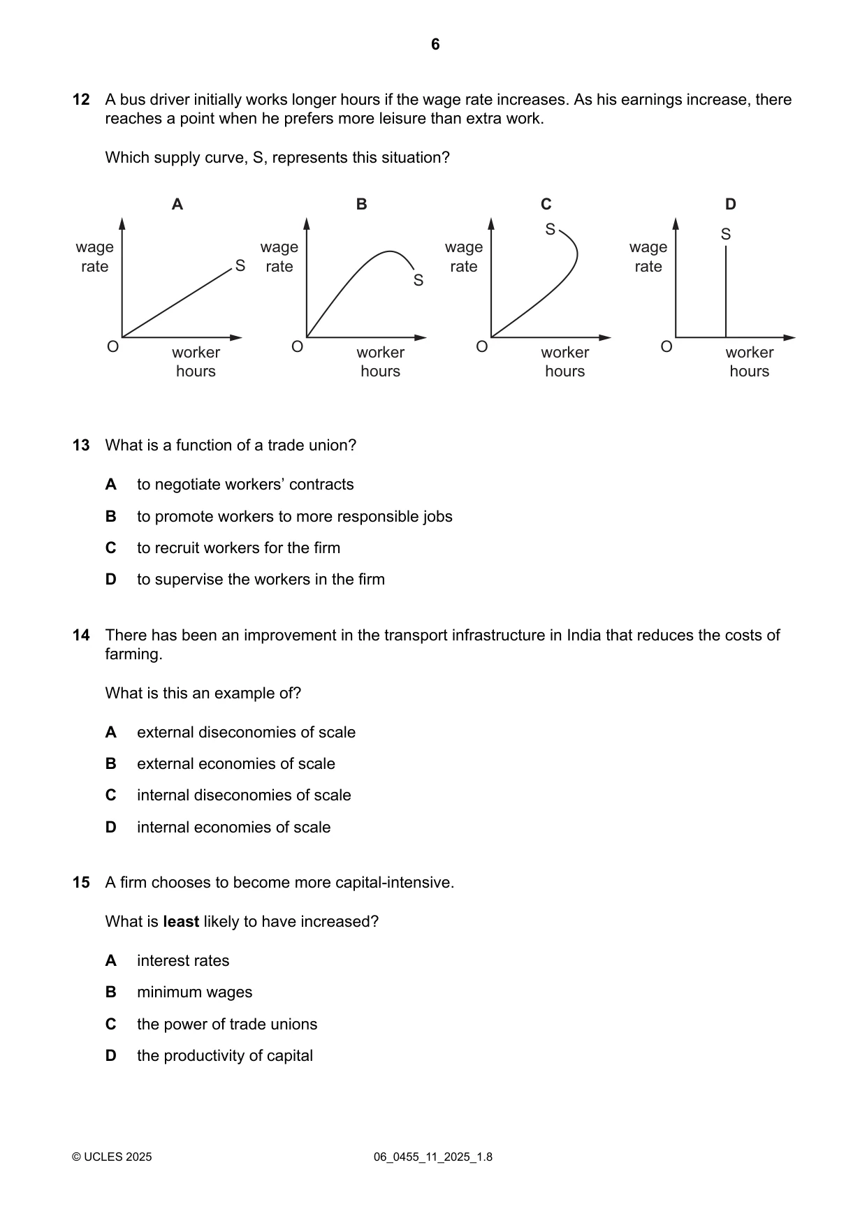 Cambridge IGCSE Economics 0455 2025 May/June Paper 1 · Variant 1 question paper, page 6 of 12