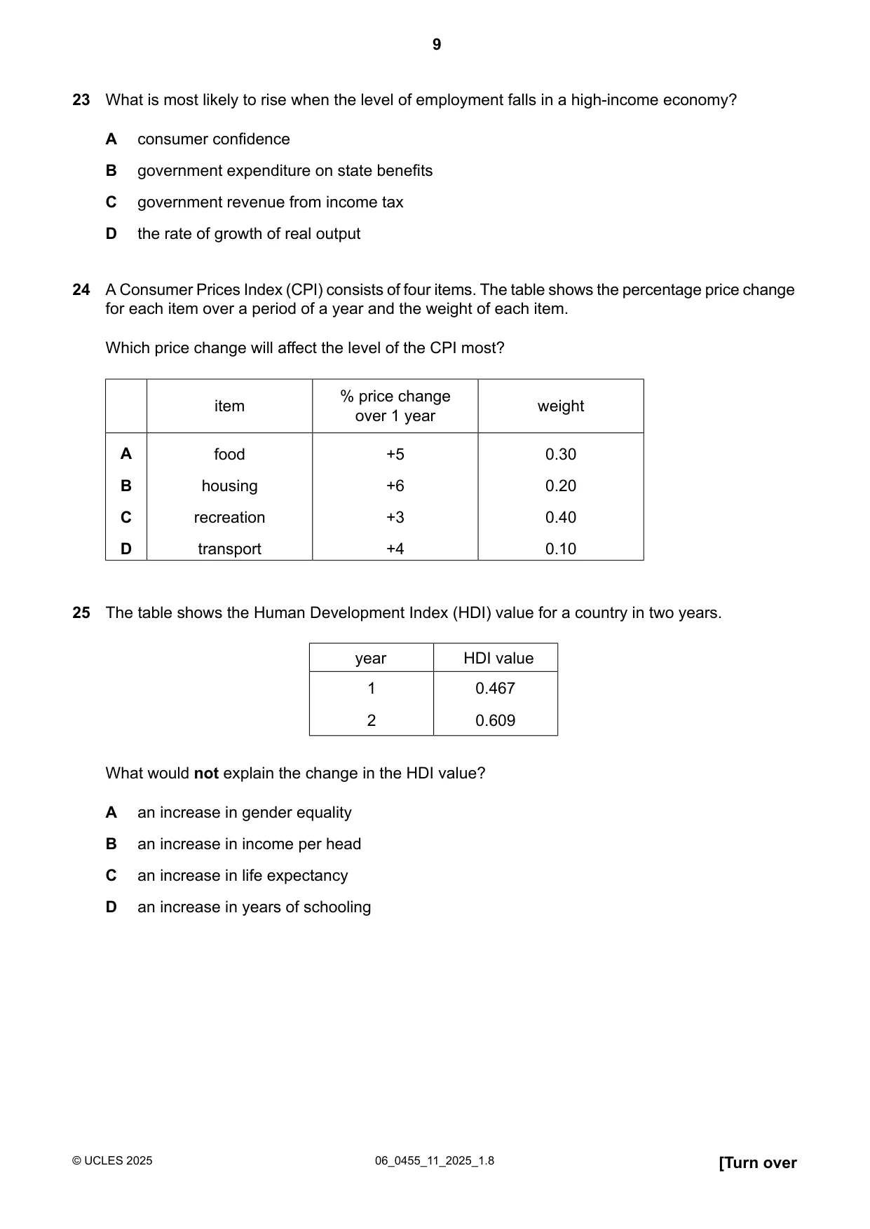 Cambridge IGCSE Economics 0455 2025 May/June Paper 1 · Variant 1 question paper, page 9 of 12