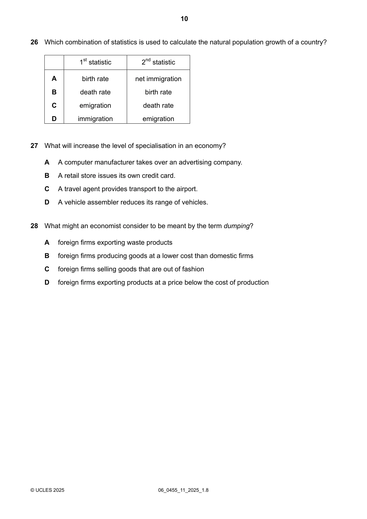 Cambridge IGCSE Economics 0455 2025 May/June Paper 1 · Variant 1 question paper, page 10 of 12