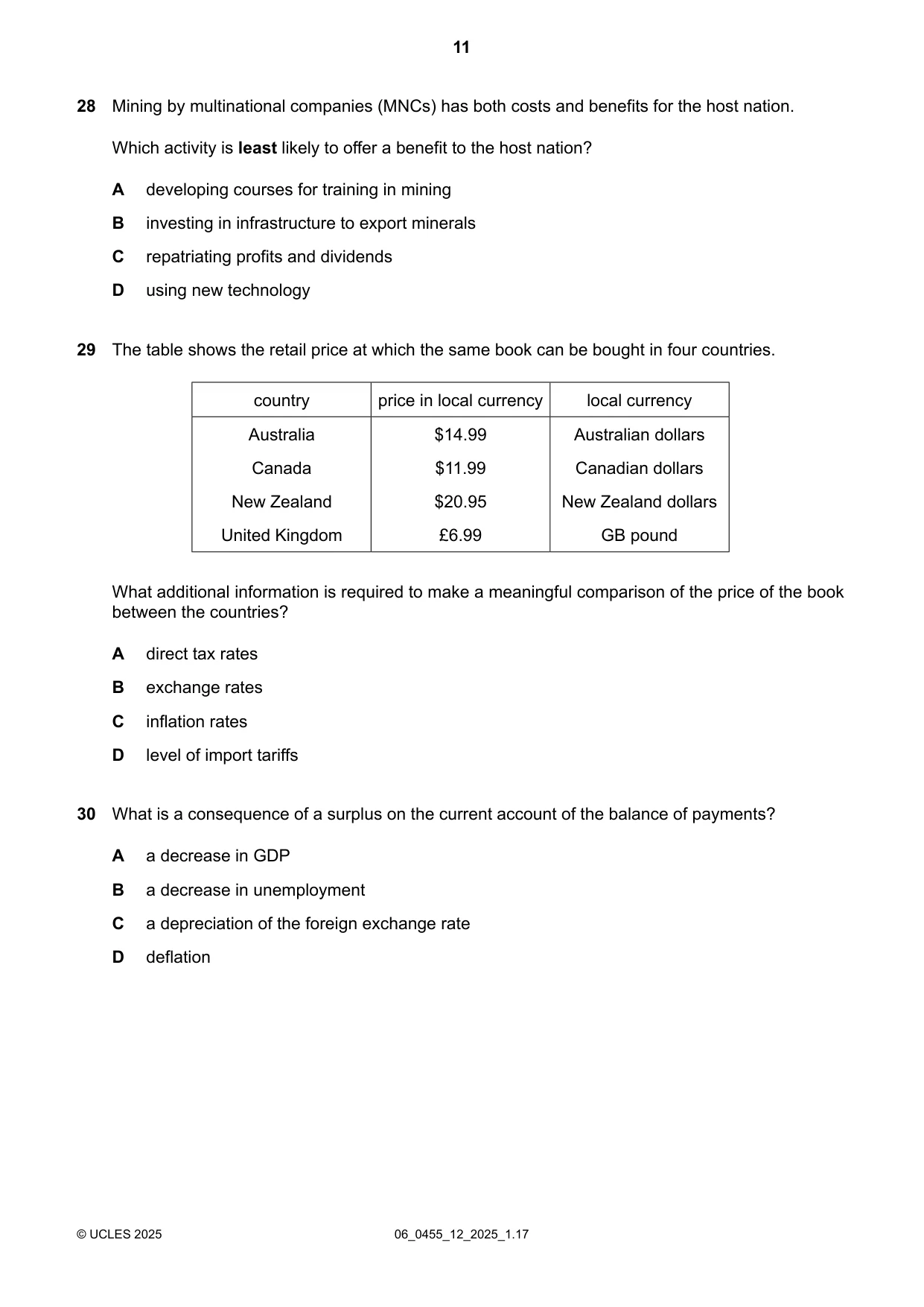 Cambridge IGCSE Economics 0455 2025 May/June Paper 1 · Variant 2 question paper, page 11 of 12