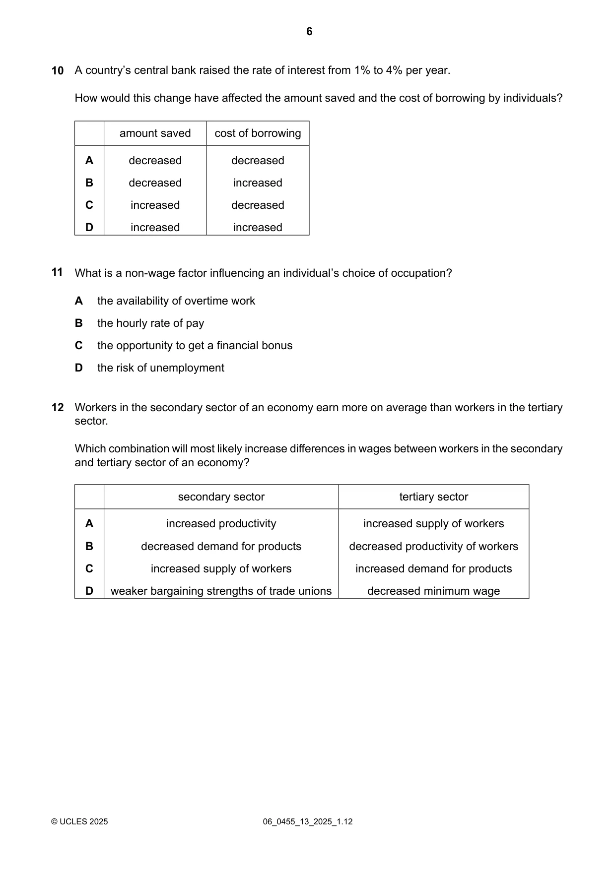 Cambridge IGCSE Economics 0455 2025 May/June Paper 1 · Variant 3 question paper, page 6 of 12