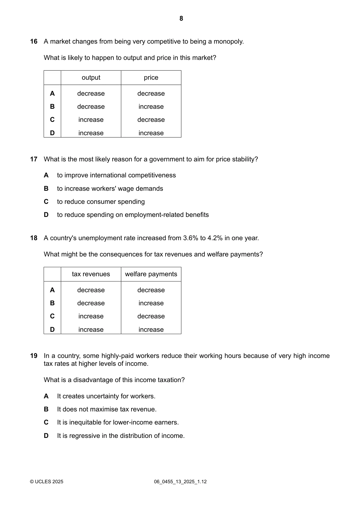 Cambridge IGCSE Economics 0455 2025 May/June Paper 1 · Variant 3 question paper, page 8 of 12