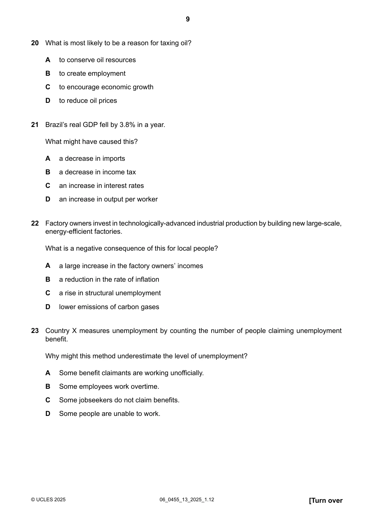 Cambridge IGCSE Economics 0455 2025 May/June Paper 1 · Variant 3 question paper, page 9 of 12