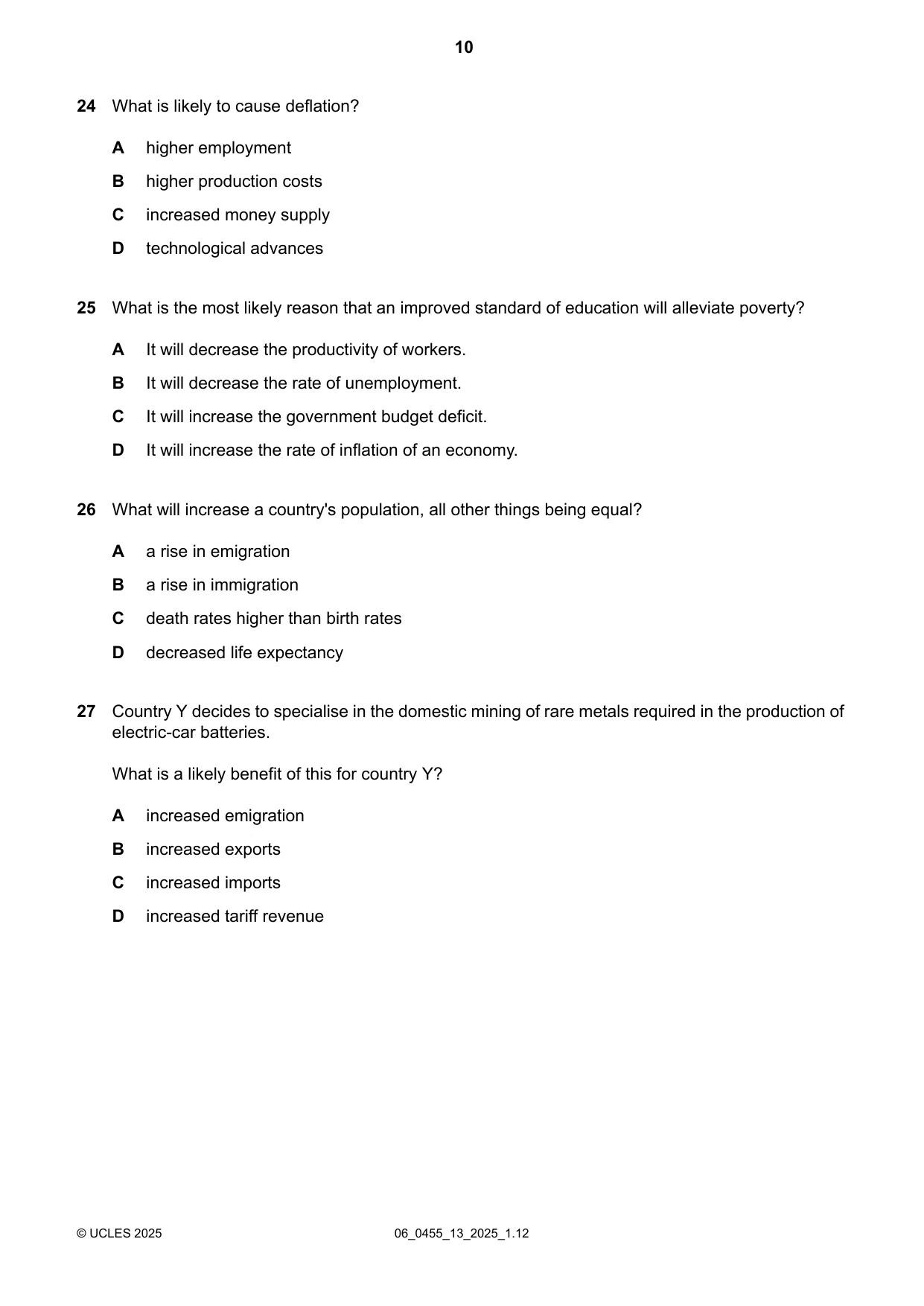 Cambridge IGCSE Economics 0455 2025 May/June Paper 1 · Variant 3 question paper, page 10 of 12