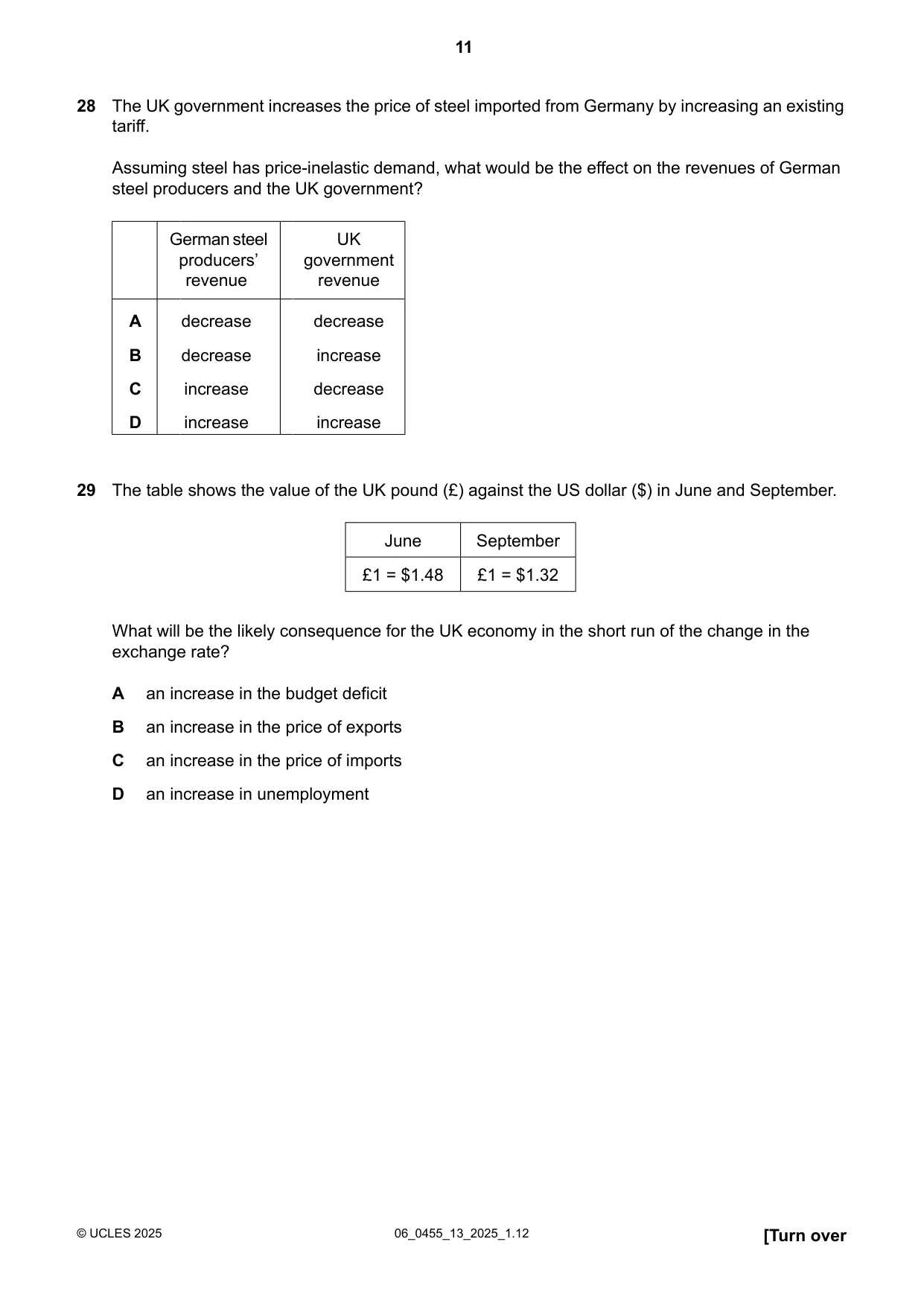 Cambridge IGCSE Economics 0455 2025 May/June Paper 1 · Variant 3 question paper, page 11 of 12