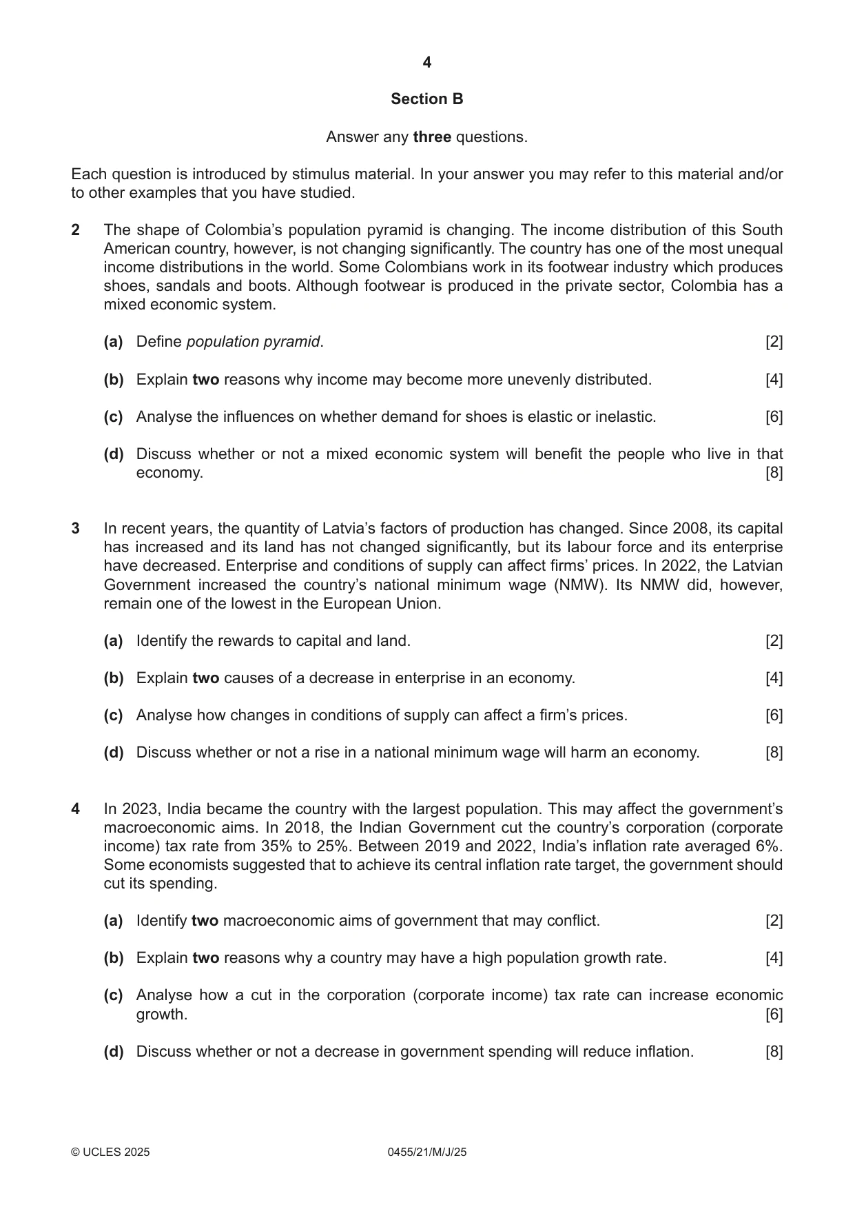 Cambridge IGCSE Economics 0455 2025 May/June Paper 2 · Variant 1 question paper, page 4 of 8