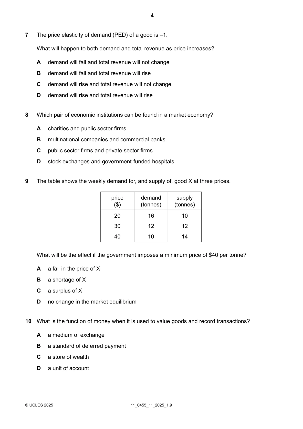 Cambridge IGCSE Economics 0455 2025 Oct/Nov Paper 1 · Variant 1 question paper, page 4 of 12