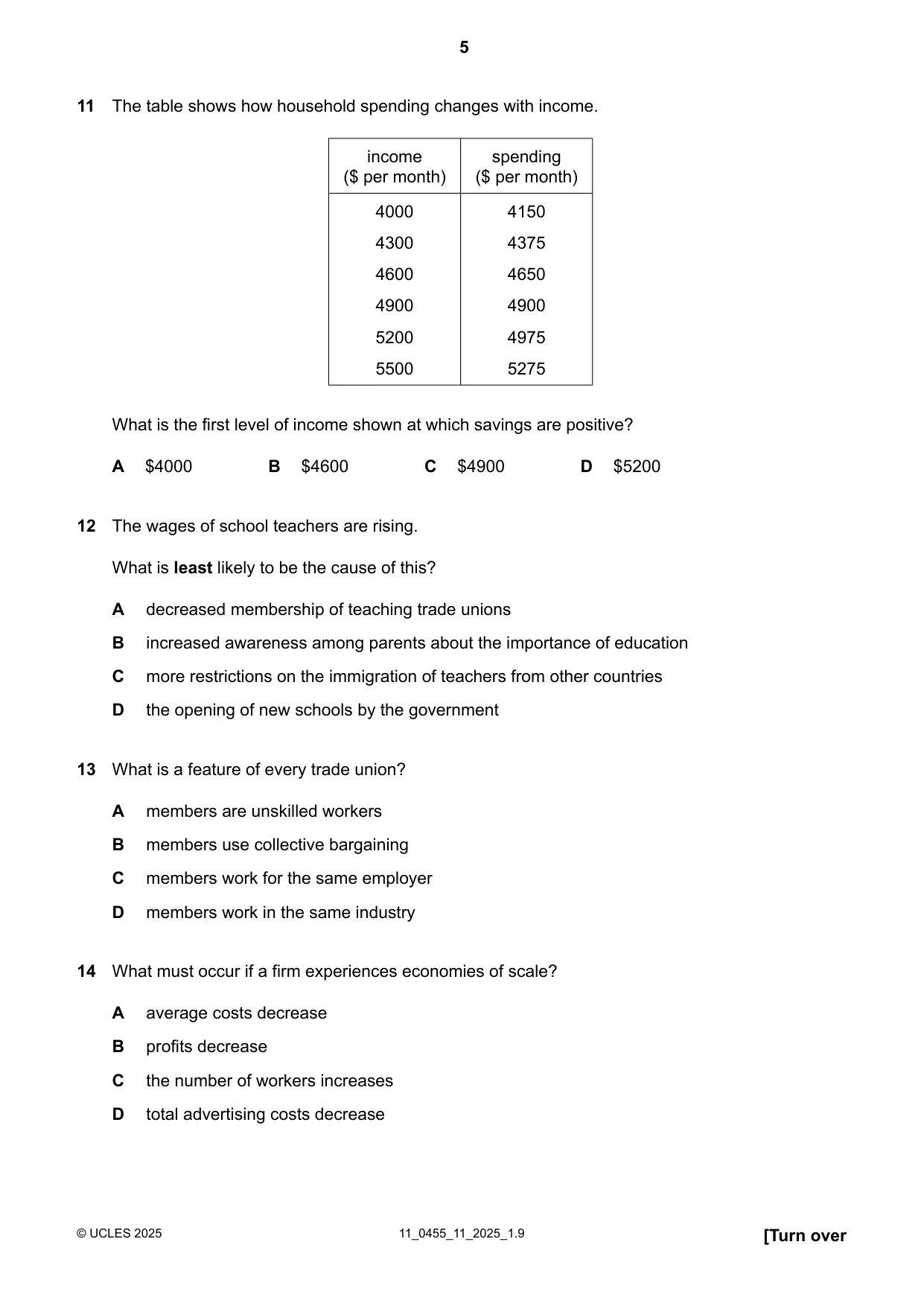 Cambridge IGCSE Economics 0455 2025 Oct/Nov Paper 1 · Variant 1 question paper, page 5 of 12