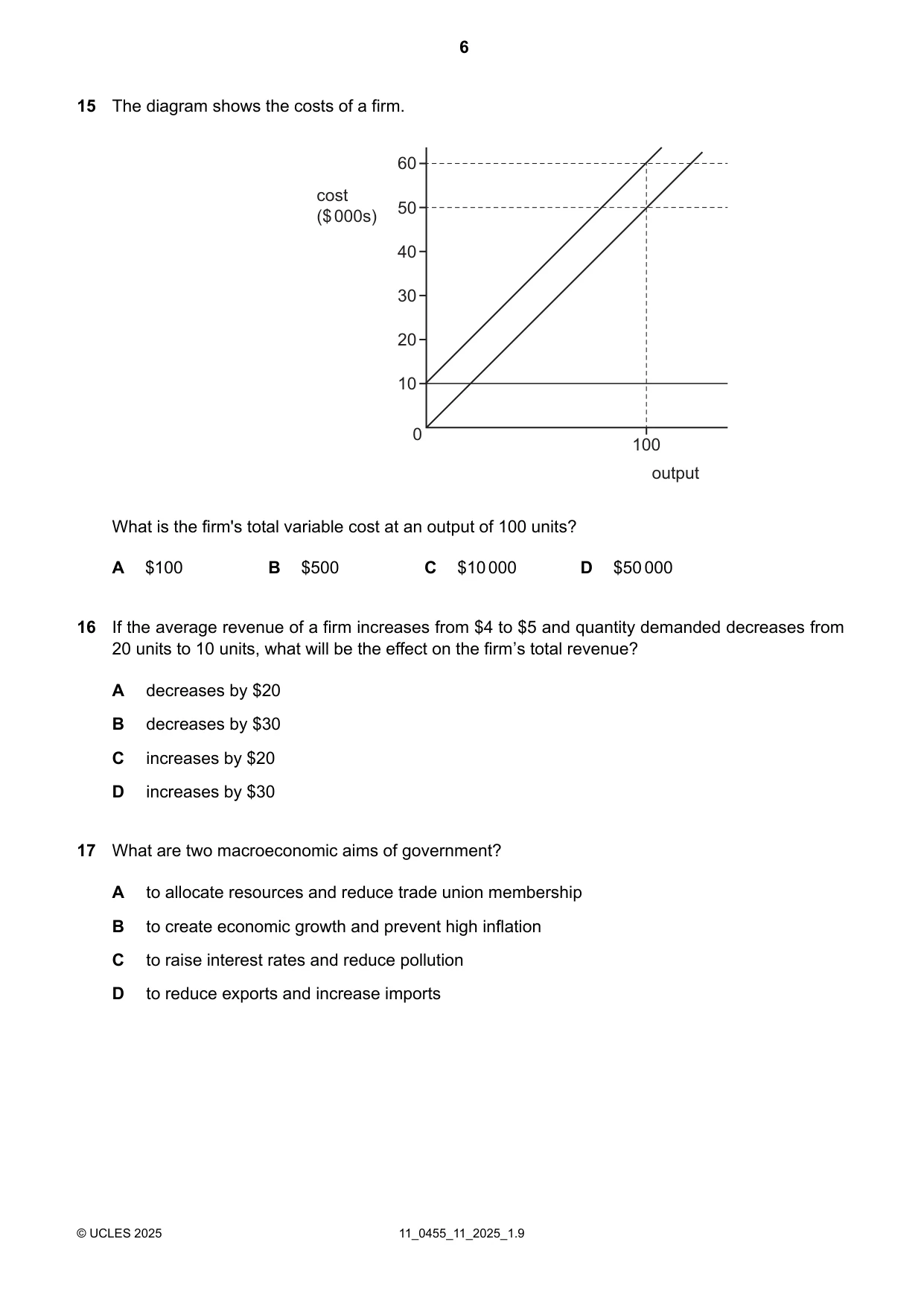 Cambridge IGCSE Economics 0455 2025 Oct/Nov Paper 1 · Variant 1 question paper, page 6 of 12