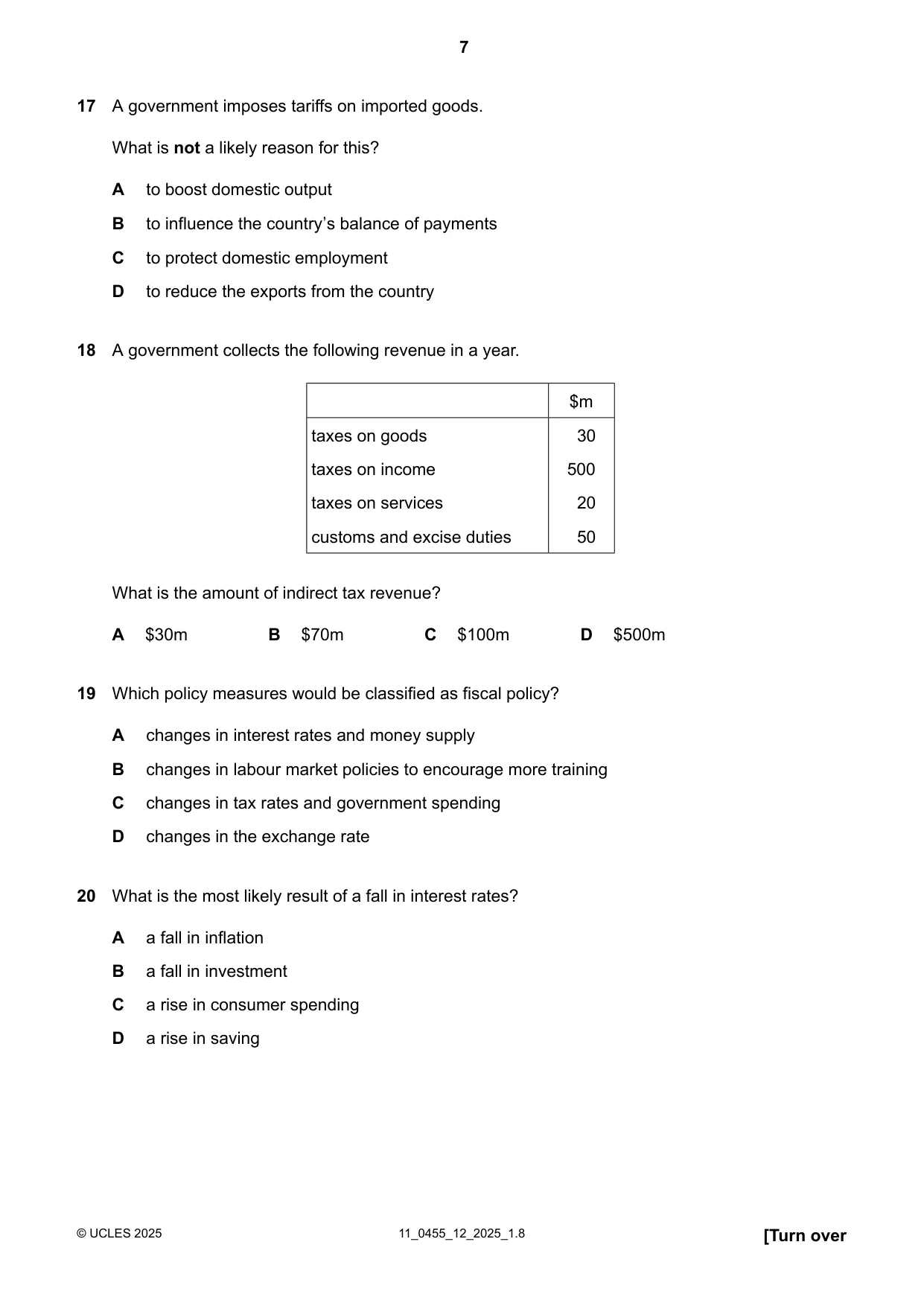 Cambridge IGCSE Economics 0455 2025 Oct/Nov Paper 1 · Variant 2 question paper, page 7 of 12