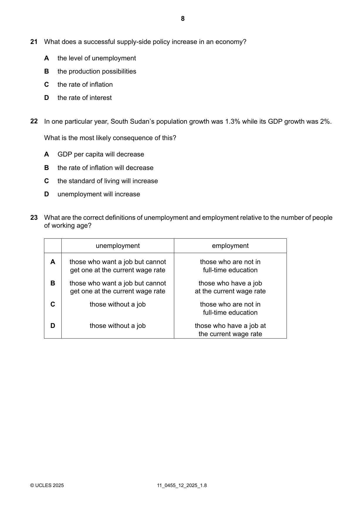 Cambridge IGCSE Economics 0455 2025 Oct/Nov Paper 1 · Variant 2 question paper, page 8 of 12