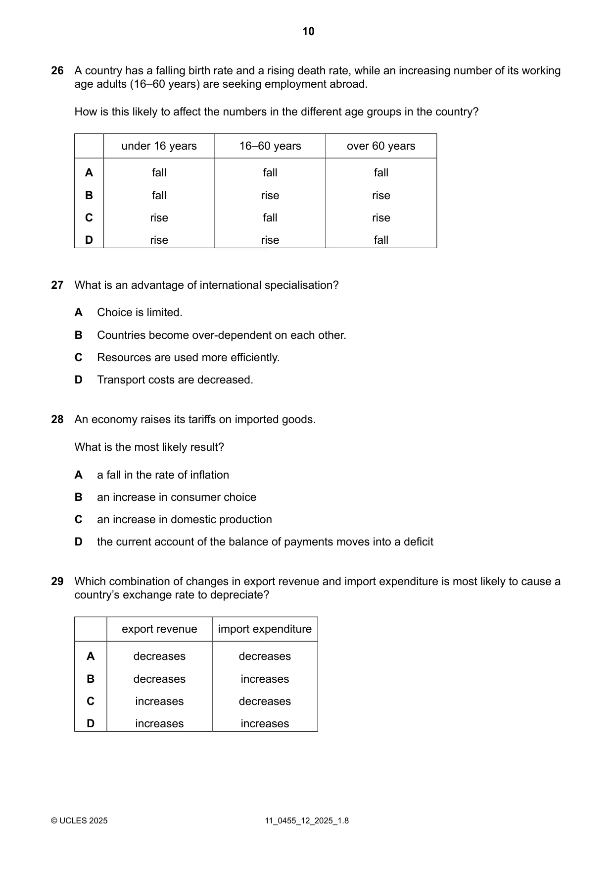 Cambridge IGCSE Economics 0455 2025 Oct/Nov Paper 1 · Variant 2 question paper, page 10 of 12