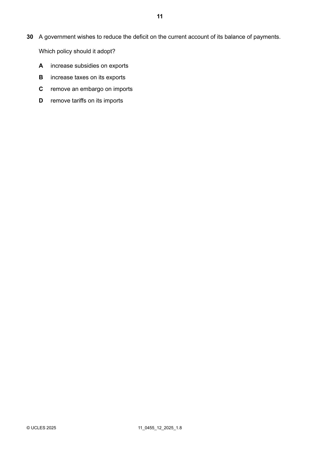 Cambridge IGCSE Economics 0455 2025 Oct/Nov Paper 1 · Variant 2 question paper, page 11 of 12