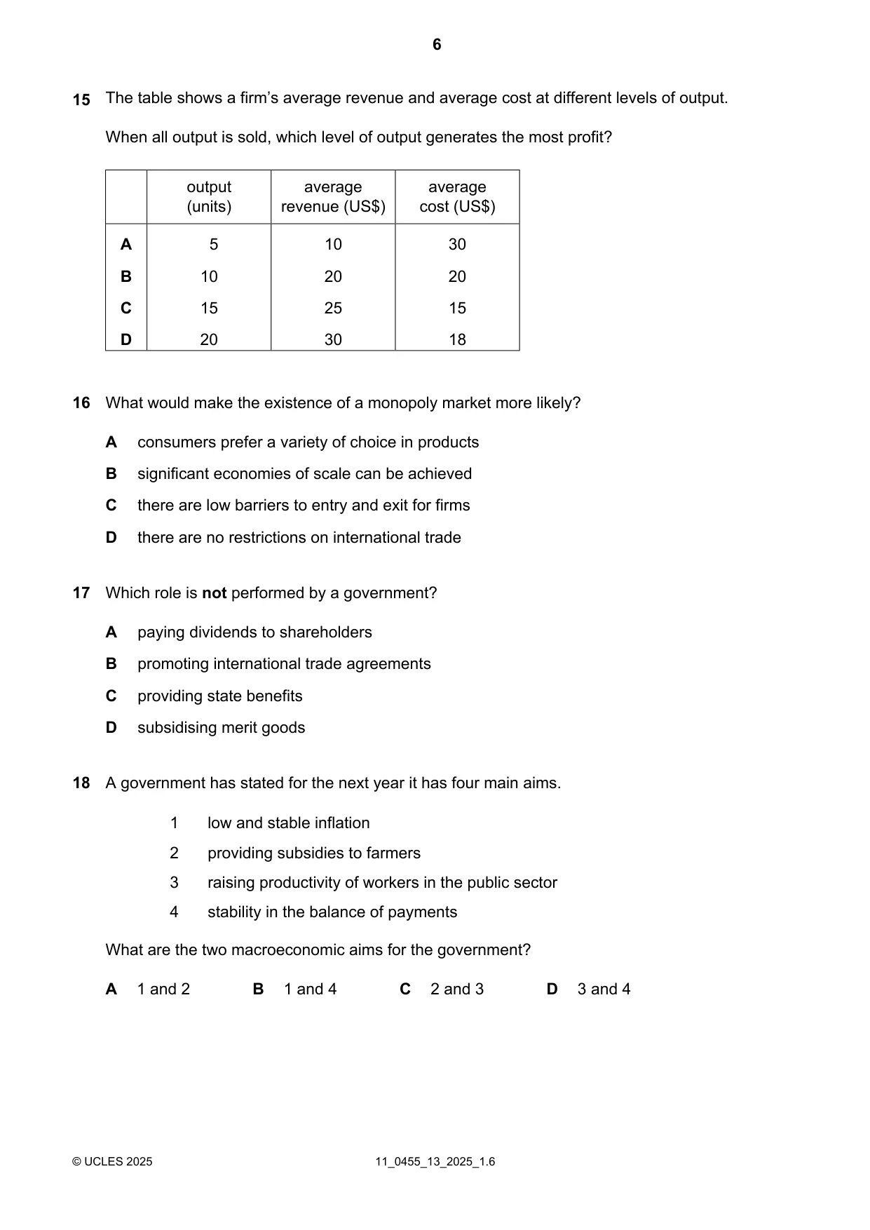 Cambridge IGCSE Economics 0455 2025 Oct/Nov Paper 1 · Variant 3 question paper, page 6 of 12