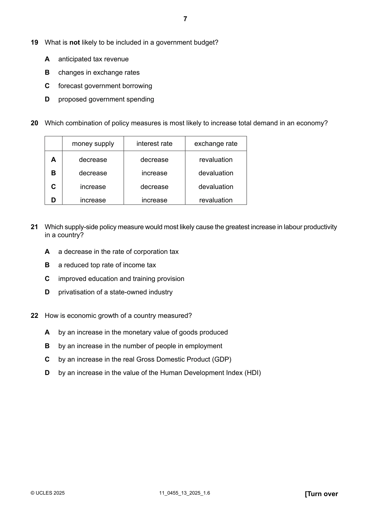 Cambridge IGCSE Economics 0455 2025 Oct/Nov Paper 1 · Variant 3 question paper, page 7 of 12