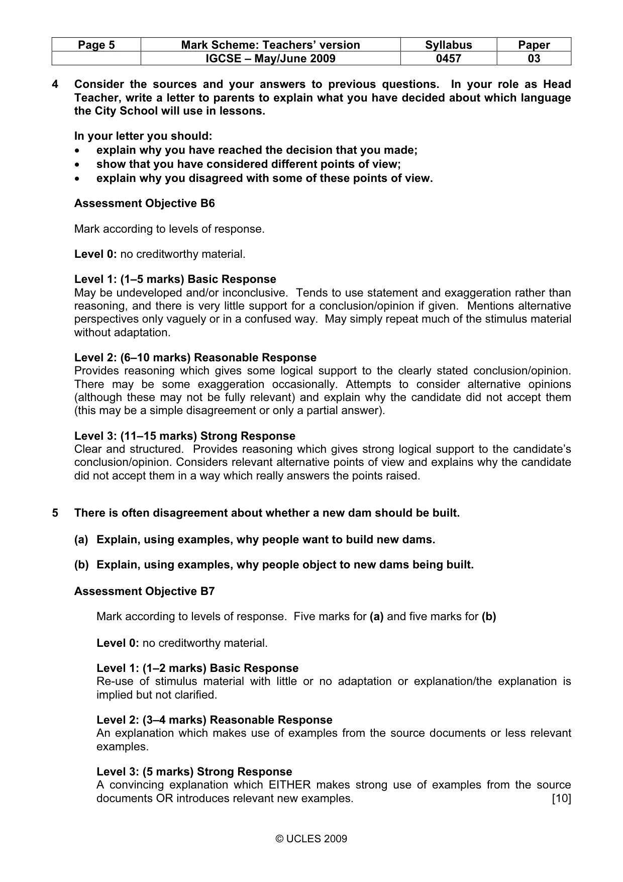 Mark scheme, page 5 of 7