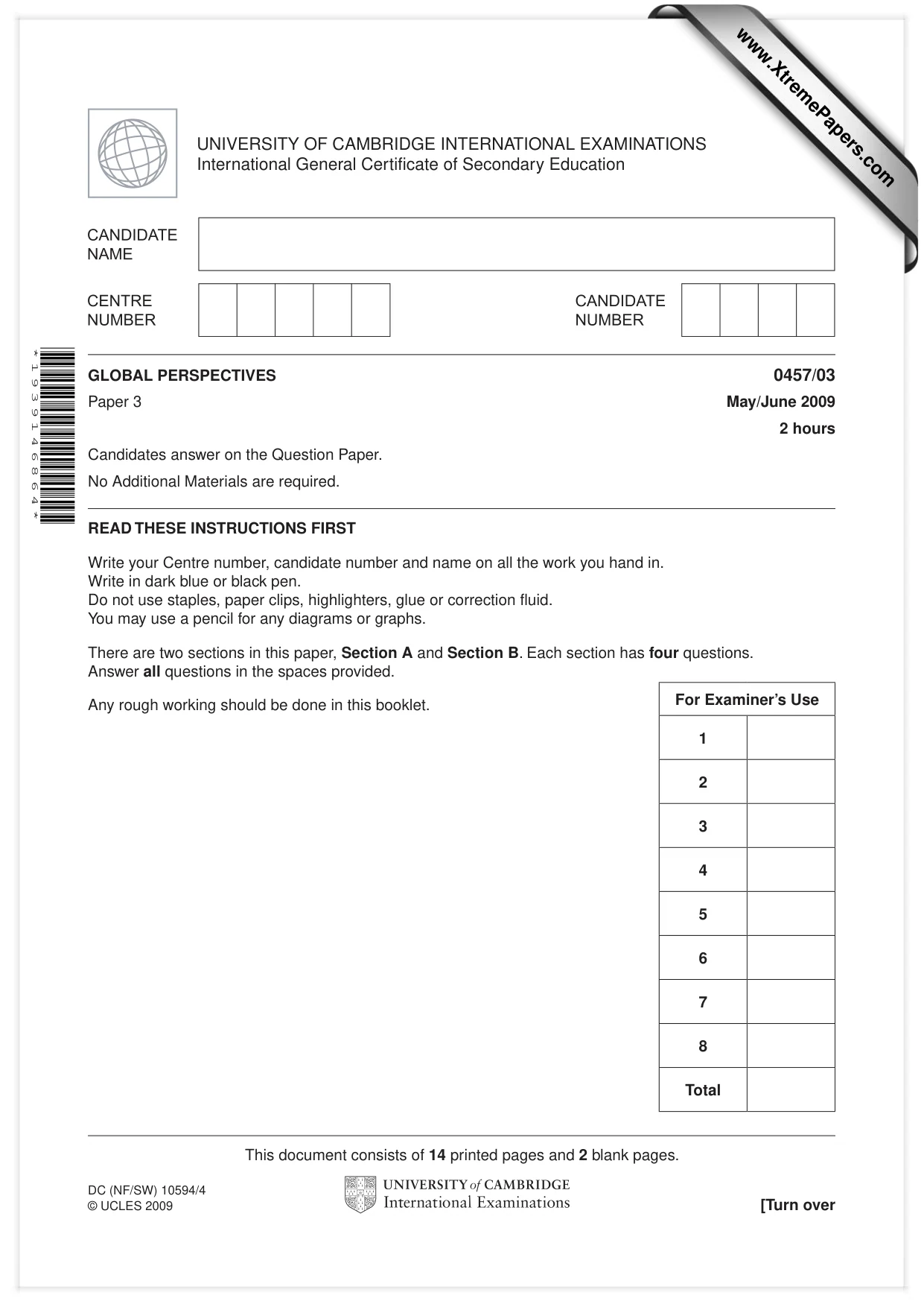 Cambridge IGCSE Global Perspectives 0457 2009 May/June Paper 3 · Variant 1 question paper, page 1 of 16