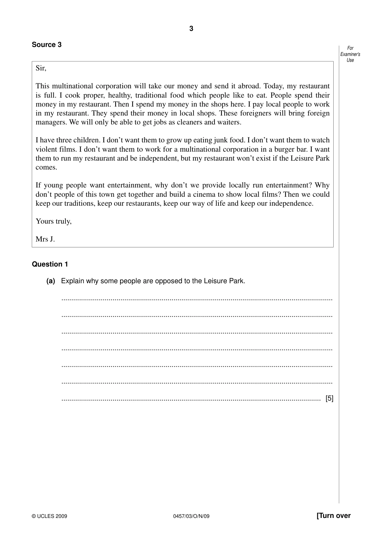 Cambridge IGCSE Global Perspectives 0457 2009 Oct/Nov Paper 3 · Variant 1 question paper, page 3 of 16