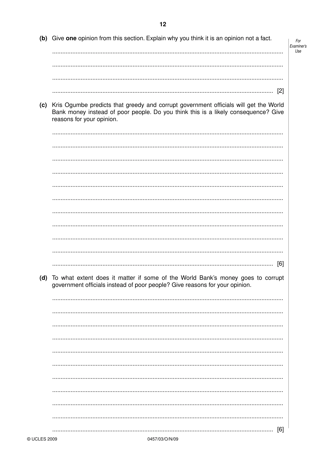 Cambridge IGCSE Global Perspectives 0457 2009 Oct/Nov Paper 3 · Variant 1 question paper, page 12 of 16