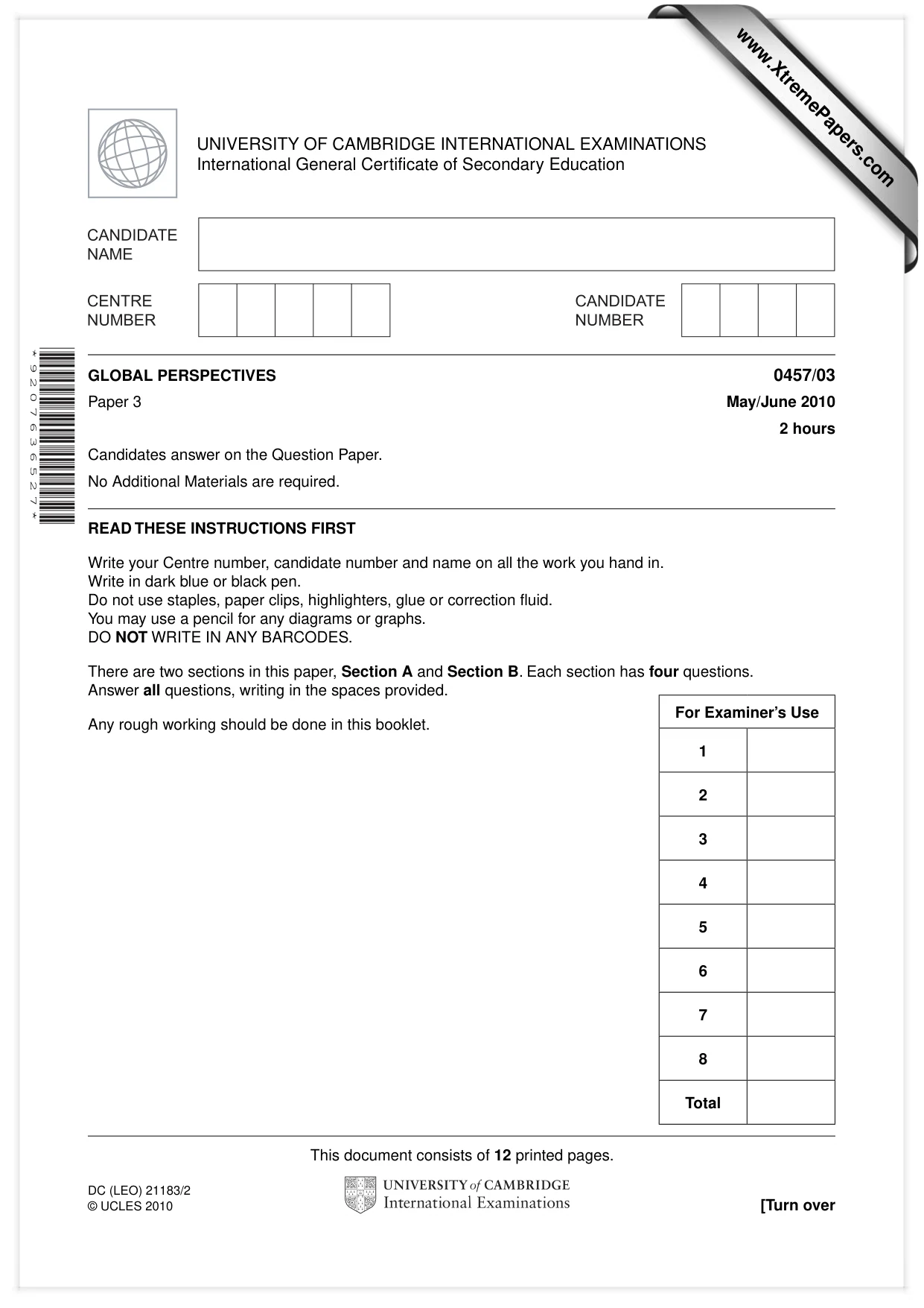Cambridge IGCSE Global Perspectives 0457 2010 May/June Paper 3 · Variant 0 question paper, page 1 of 12