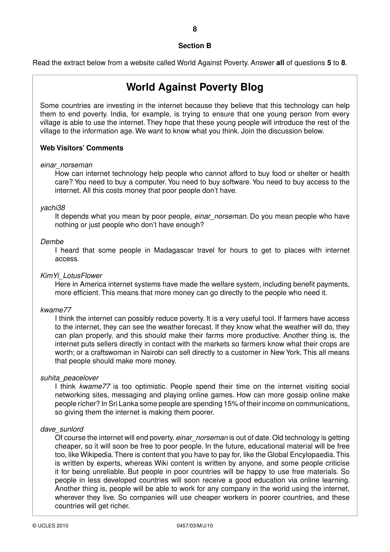 Cambridge IGCSE Global Perspectives 0457 2010 May/June Paper 3 · Variant 0 question paper, page 8 of 12