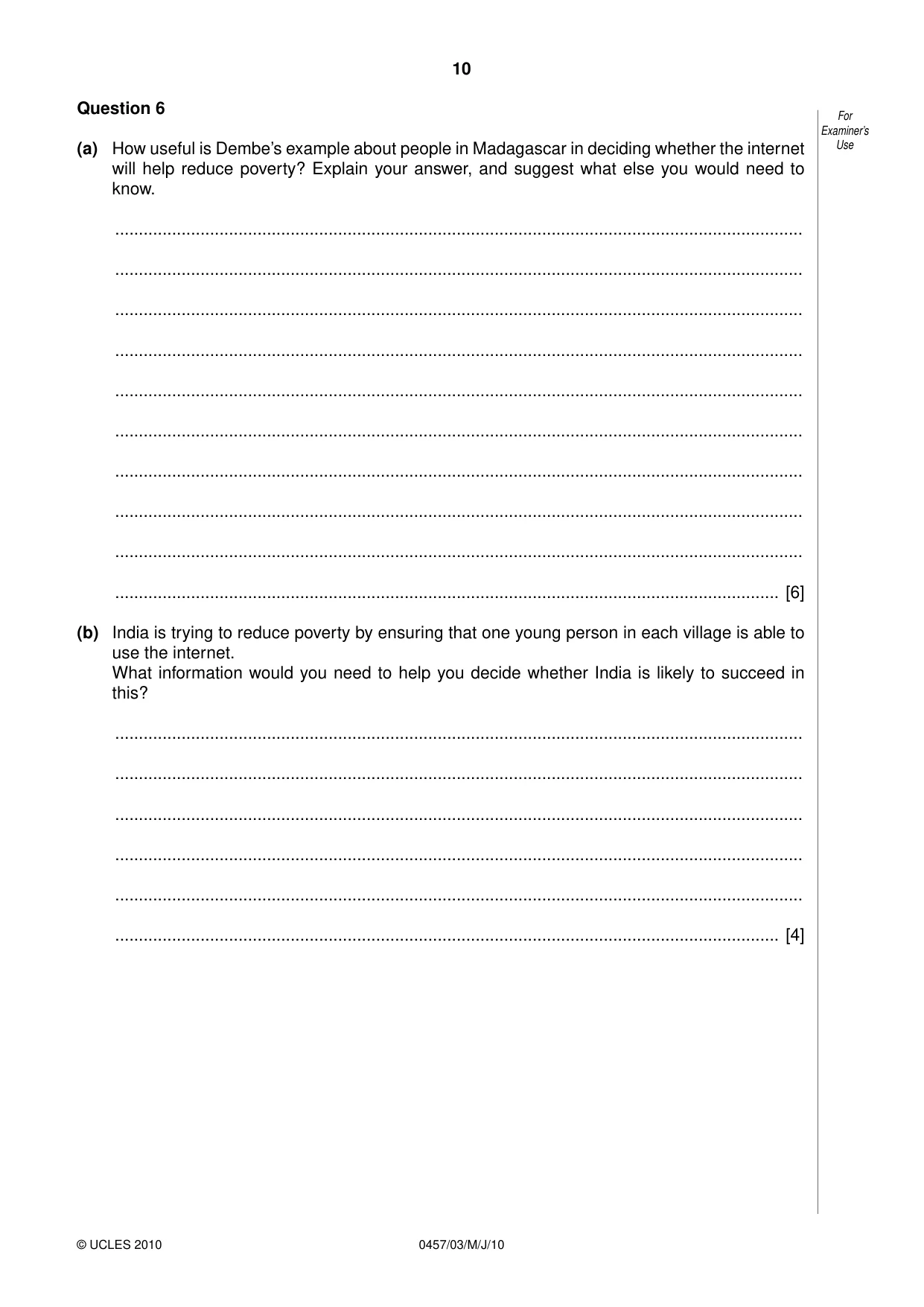 Cambridge IGCSE Global Perspectives 0457 2010 May/June Paper 3 · Variant 0 question paper, page 10 of 12