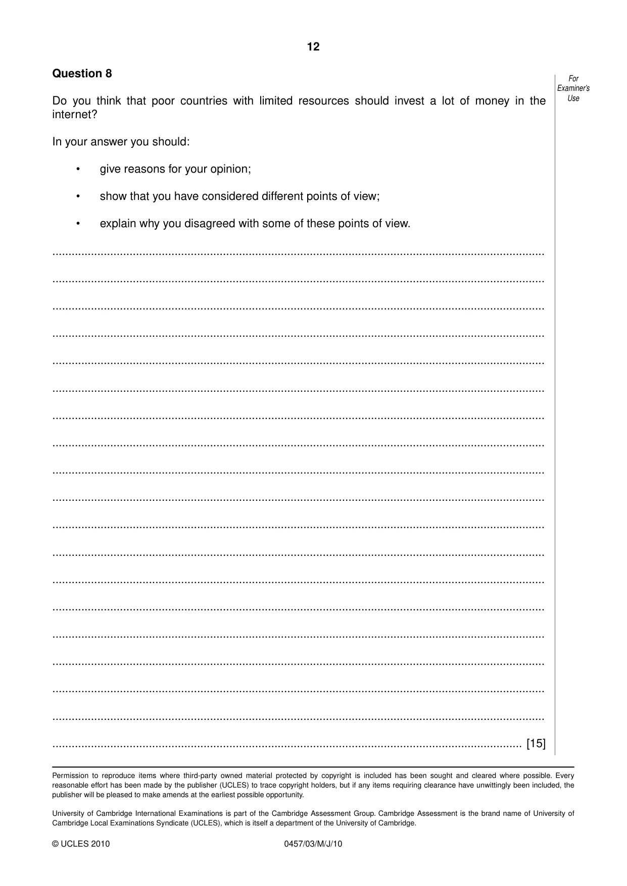 Cambridge IGCSE Global Perspectives 0457 2010 May/June Paper 3 · Variant 0 question paper, page 12 of 12