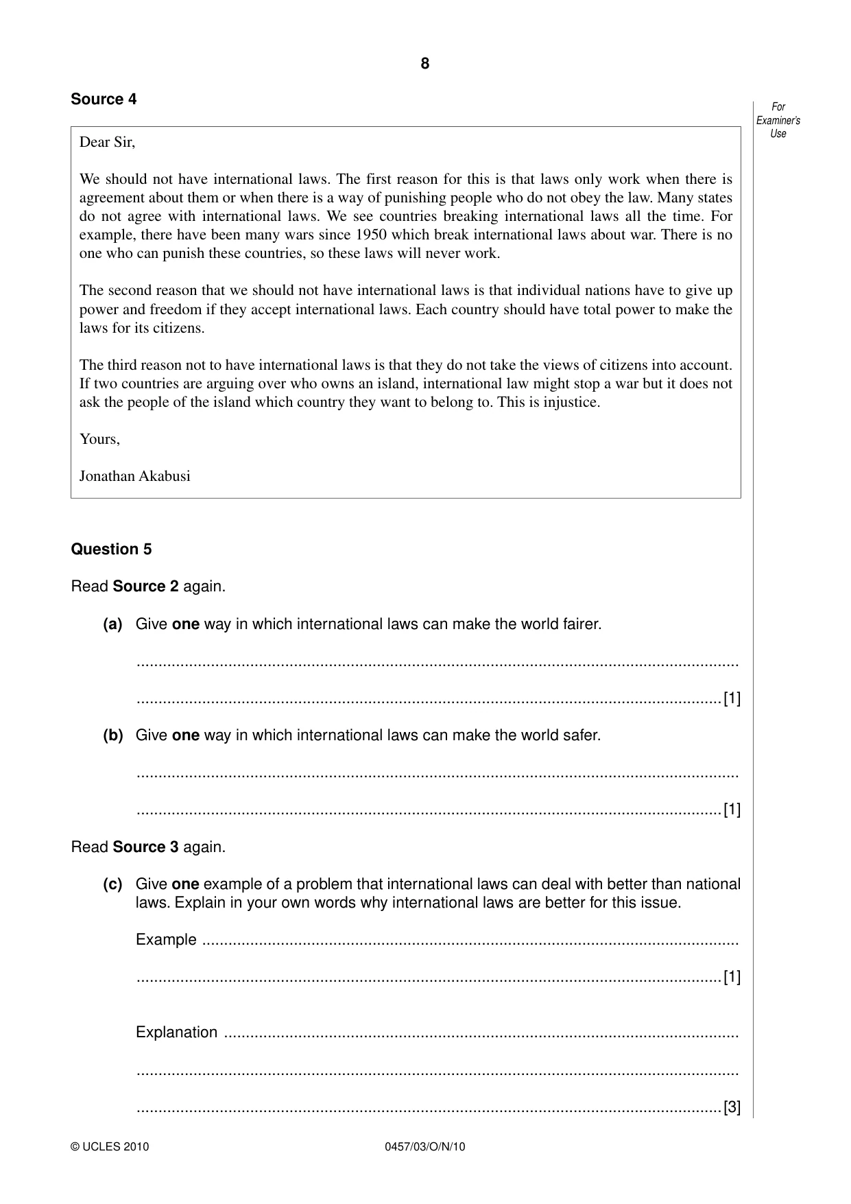 Cambridge IGCSE Global Perspectives 0457 2010 Oct/Nov Paper 3 · Variant 1 question paper, page 8 of 12