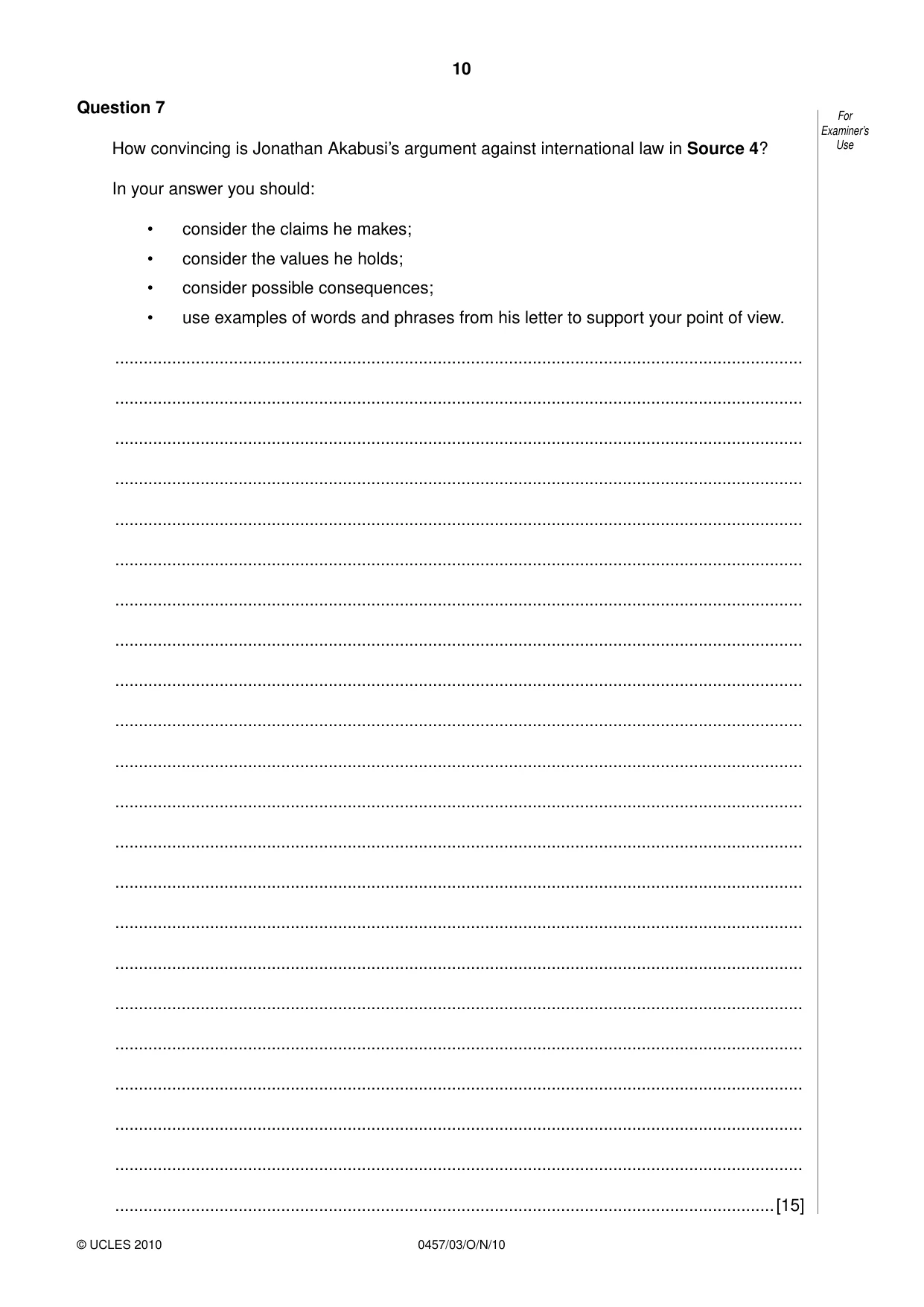 Cambridge IGCSE Global Perspectives 0457 2010 Oct/Nov Paper 3 · Variant 1 question paper, page 10 of 12