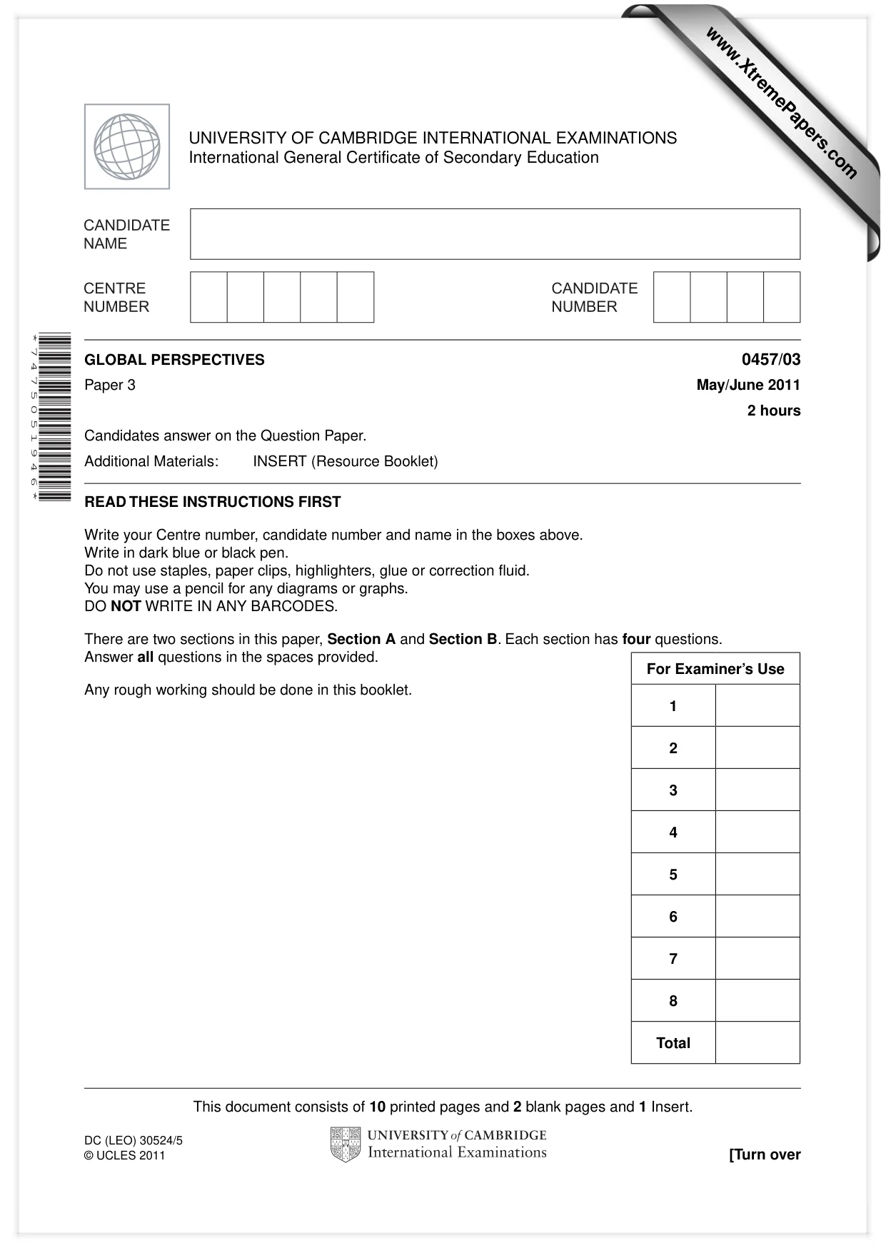 Cambridge IGCSE Global Perspectives 0457 2011 May/June Paper 3 · Variant 1 question paper, page 1 of 12