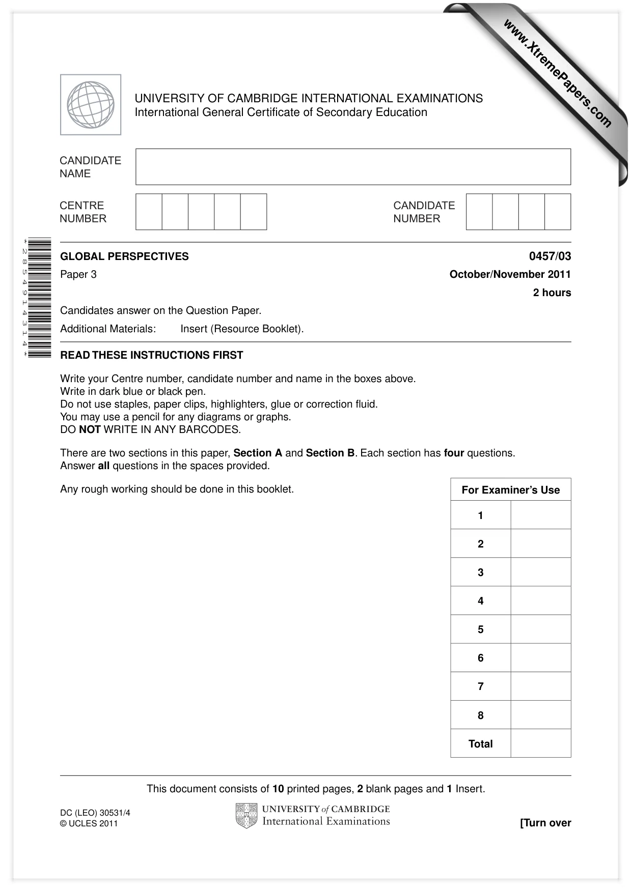 Cambridge IGCSE Global Perspectives 0457 2011 Oct/Nov Paper 3 · Variant 1 question paper, page 1 of 12