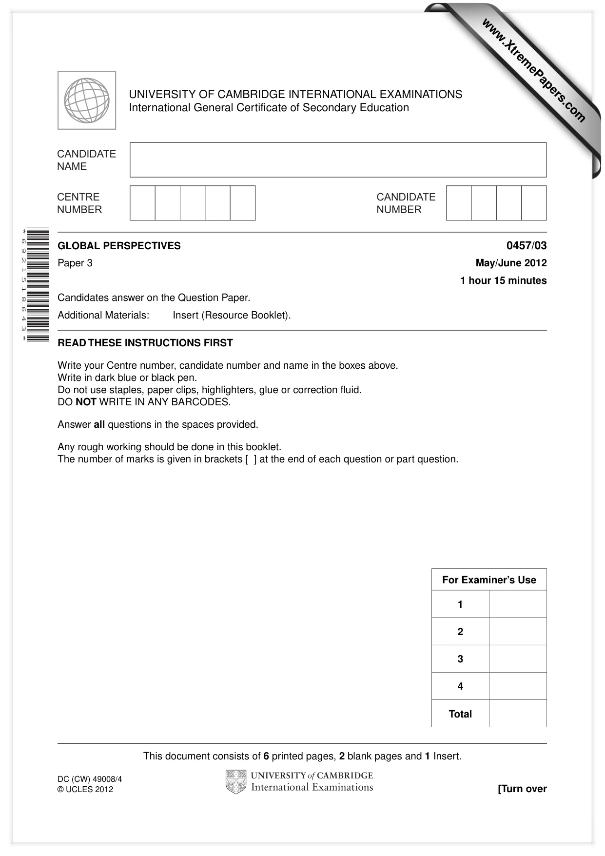 Cambridge IGCSE Global Perspectives 0457 2012 May/June Paper 3 · Variant 1 question paper, page 1 of 8