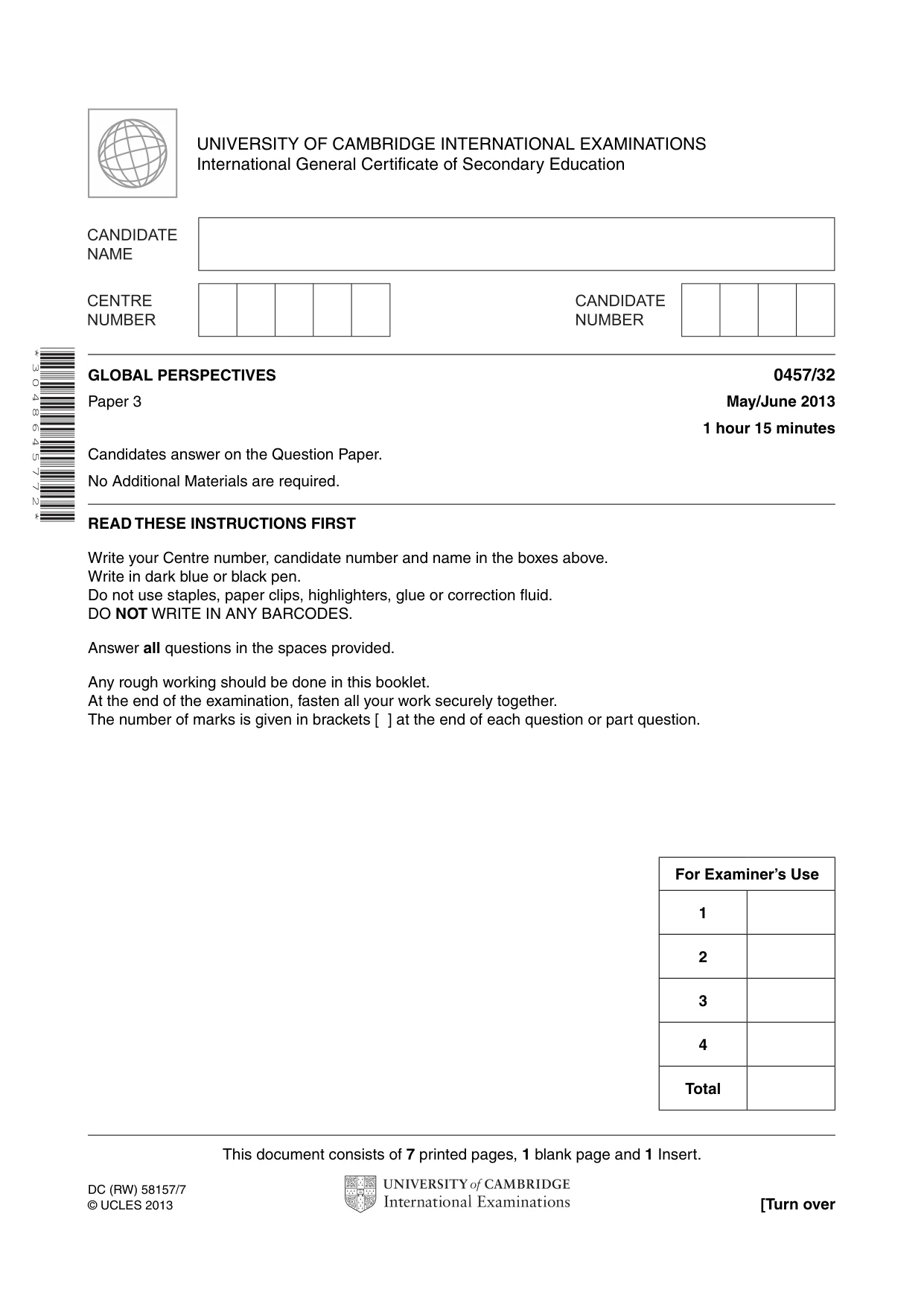 Cambridge IGCSE Global Perspectives 0457 2013 May/June Paper 3 · Variant 2 question paper, page 1 of 8