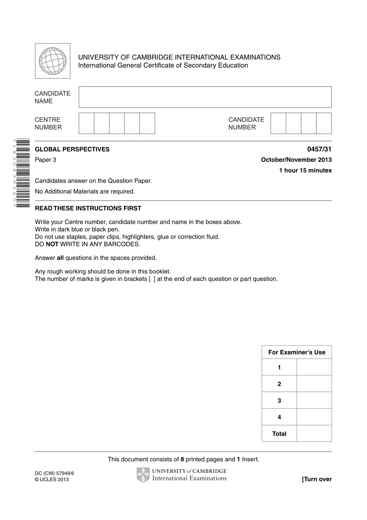 Cambridge IGCSE Global Perspectives 0457 2013 Oct/Nov Paper 3 · Variant 1 question paper, page 1 of 8
