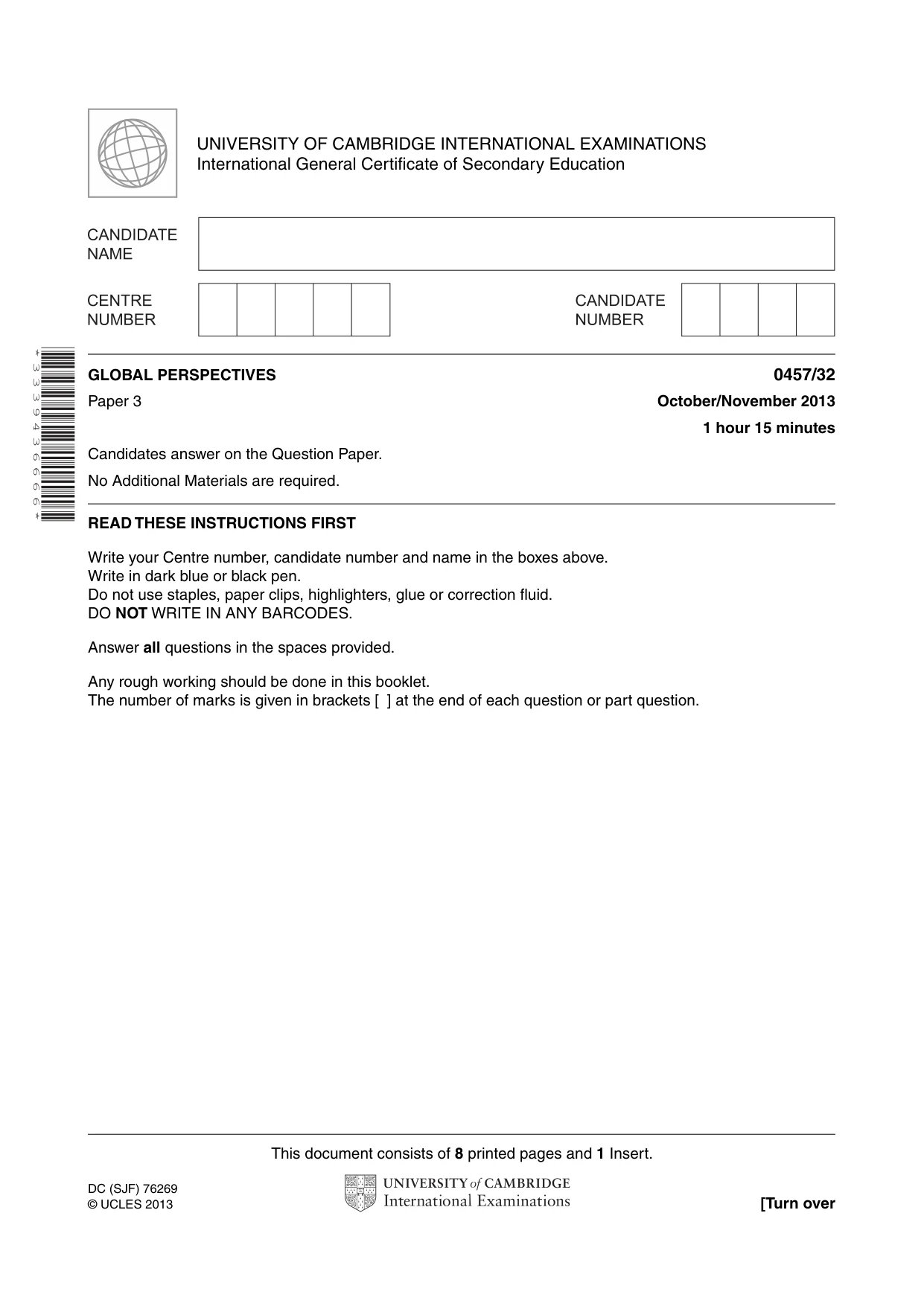 Cambridge IGCSE Global Perspectives 0457 2013 Oct/Nov Paper 3 · Variant 2 question paper, page 1 of 8