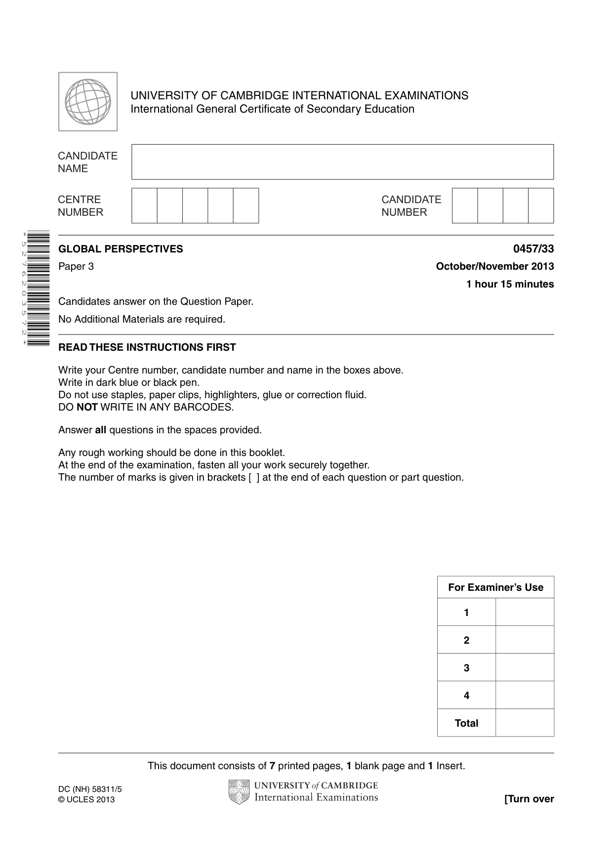 Cambridge IGCSE Global Perspectives 0457 2013 Oct/Nov Paper 3 · Variant 3 question paper, page 1 of 8