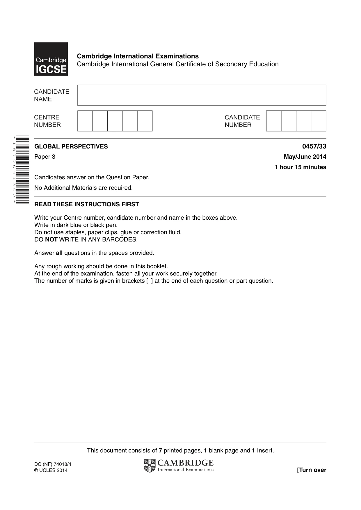 Cambridge IGCSE Global Perspectives 0457 2014 May/June Paper 3 · Variant 3 question paper, page 1 of 8