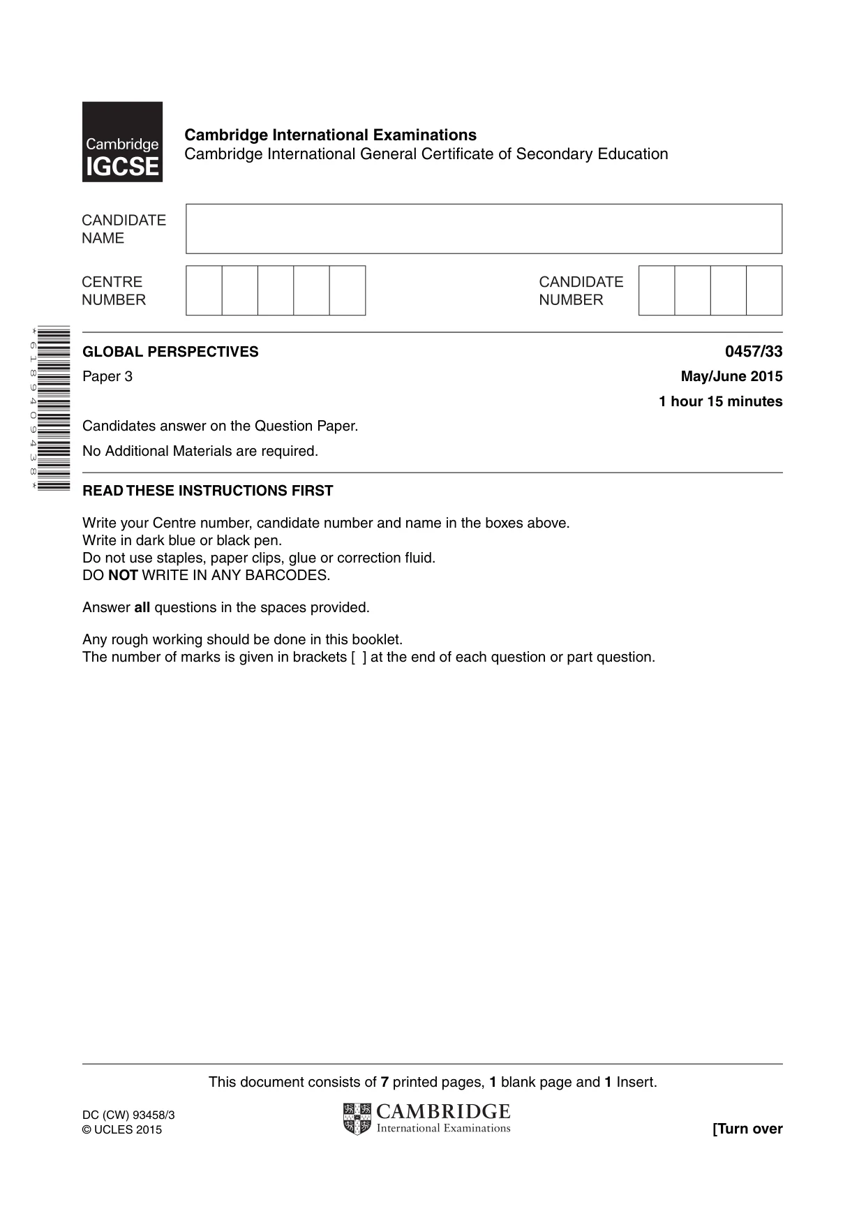 Cambridge IGCSE Global Perspectives 0457 2015 May/June Paper 3 · Variant 3 question paper, page 1 of 8