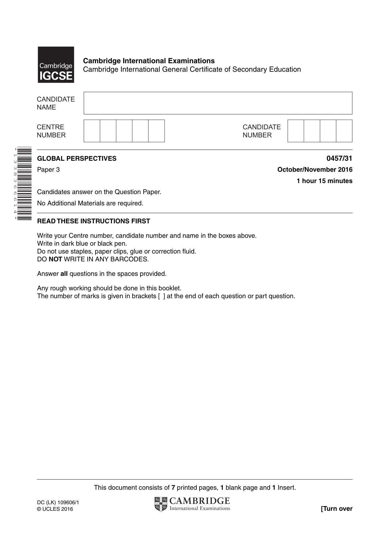 Cambridge IGCSE Global Perspectives 0457 2016 Oct/Nov Paper 3 · Variant 1 question paper, page 1 of 8