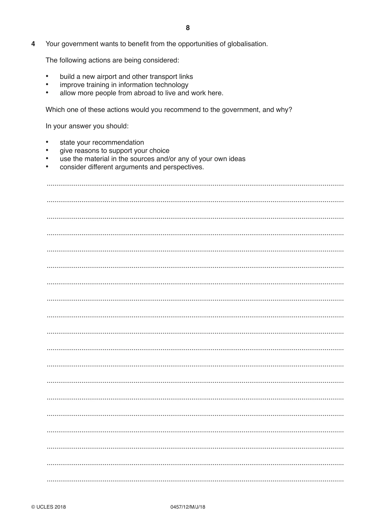 Cambridge IGCSE Global Perspectives 0457 2018 May/June Paper 1 · Variant 2 question paper, page 8 of 12