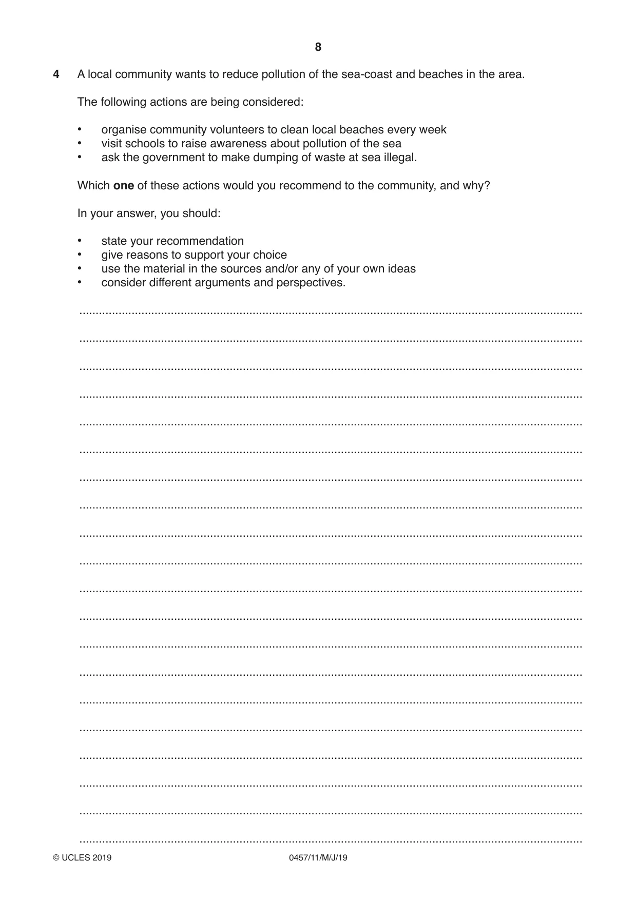 Cambridge IGCSE Global Perspectives 0457 2019 May/June Paper 1 · Variant 1 question paper, page 8 of 12
