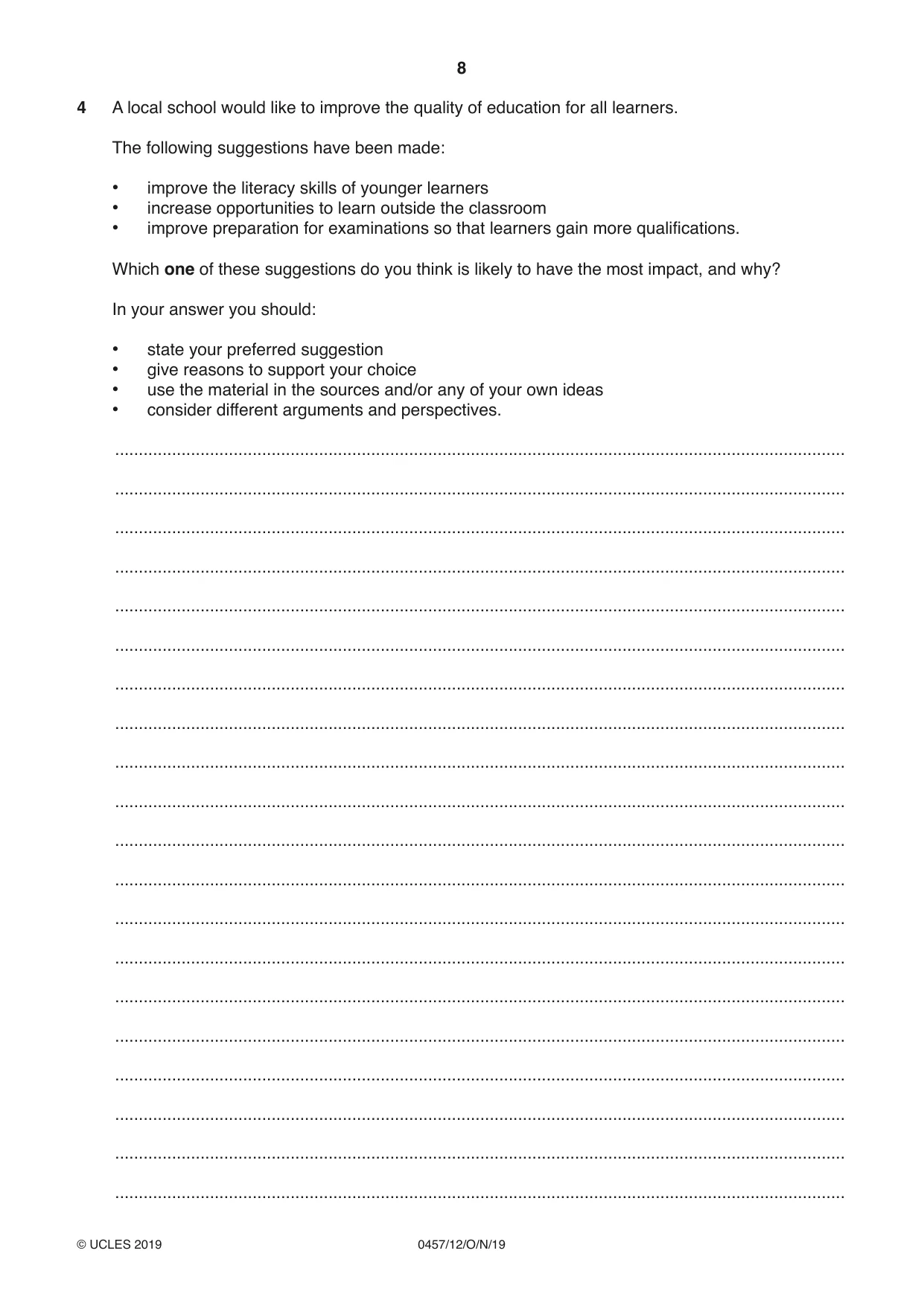 Cambridge IGCSE Global Perspectives 0457 2019 Oct/Nov Paper 1 · Variant 2 question paper, page 8 of 12