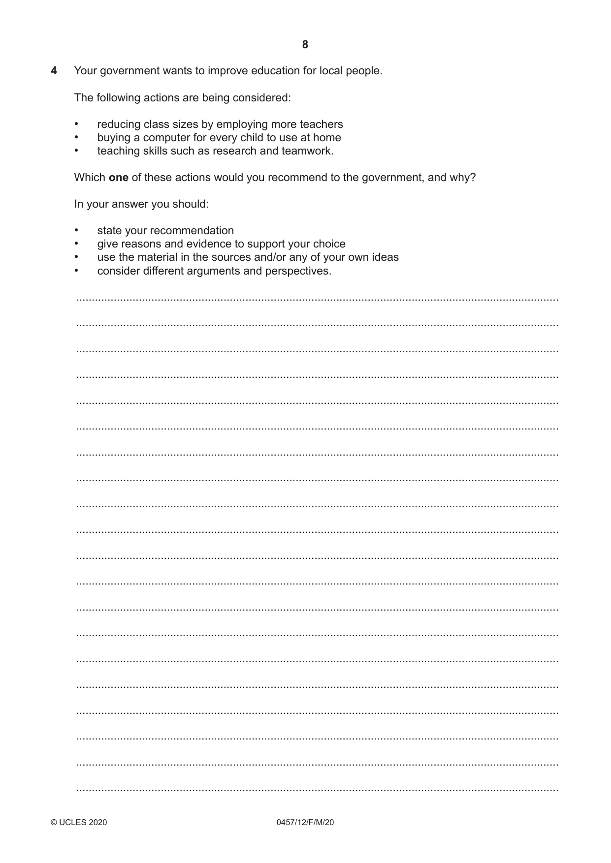 Cambridge IGCSE Global Perspectives 0457 2020 Feb/March Paper 1 · Variant 2 question paper, page 8 of 12