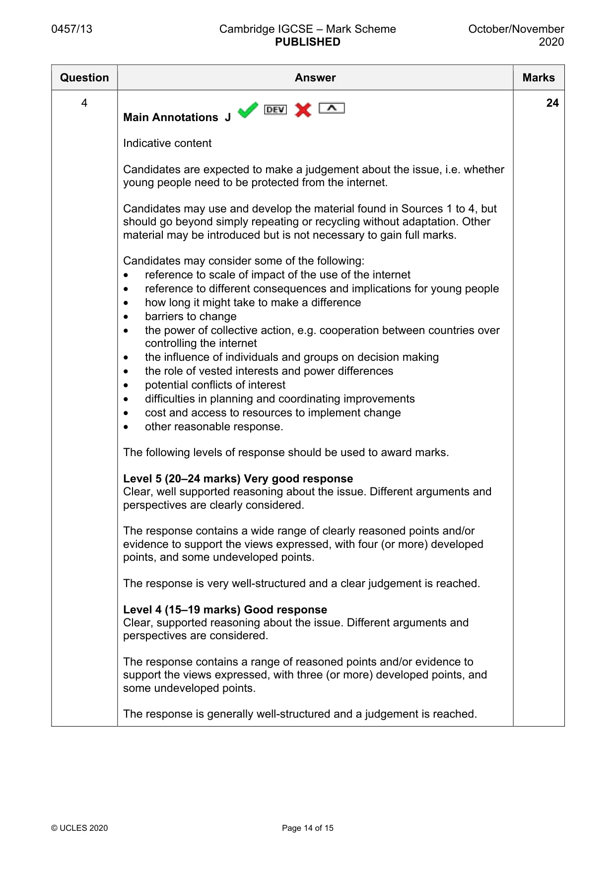 Mark scheme, page 14 of 15