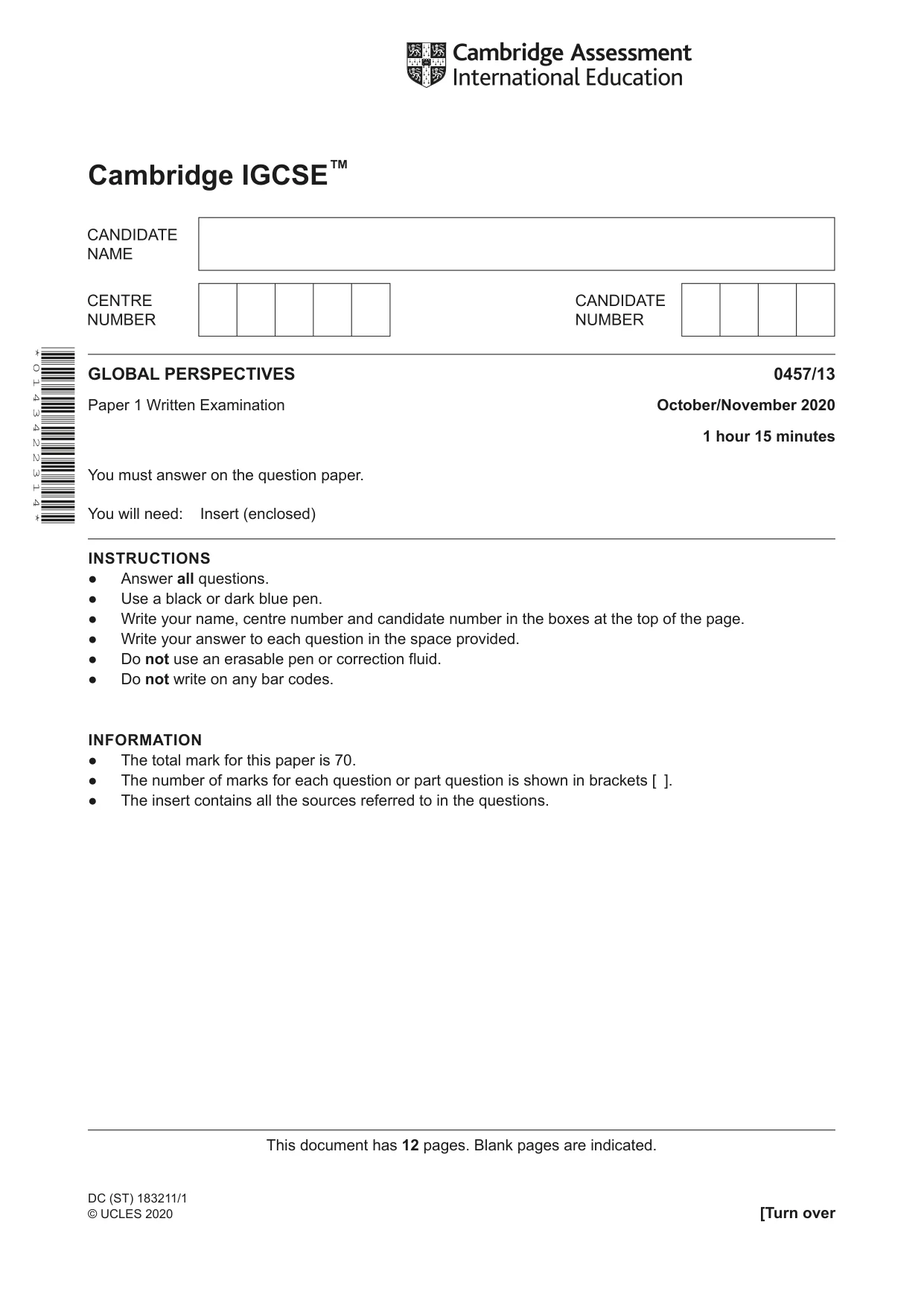 Cambridge IGCSE Global Perspectives 0457 2020 Oct/Nov Paper 1 · Variant 3 question paper, page 1 of 12