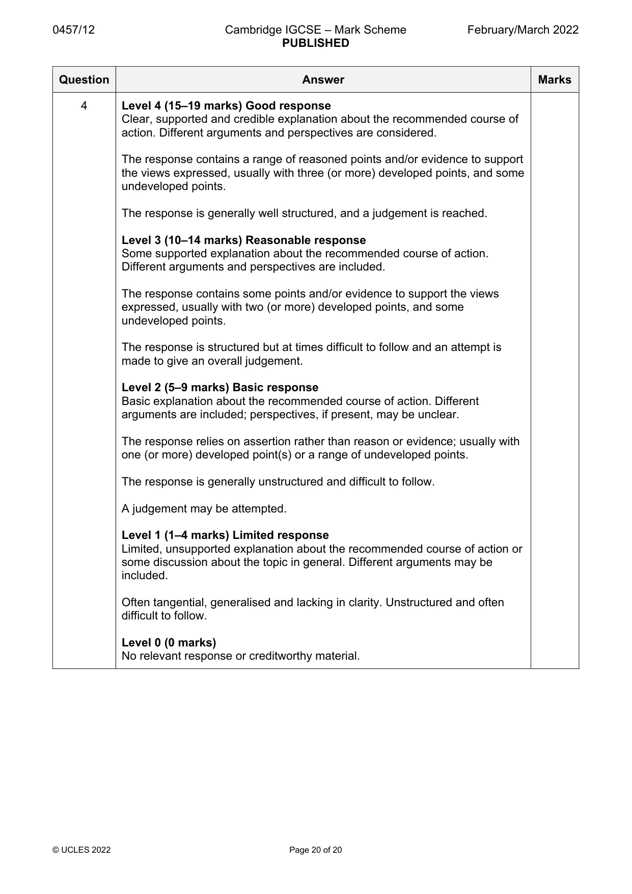 Mark scheme, page 20 of 20
