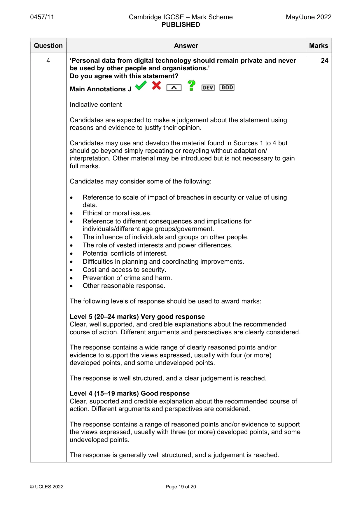 Mark scheme, page 19 of 20